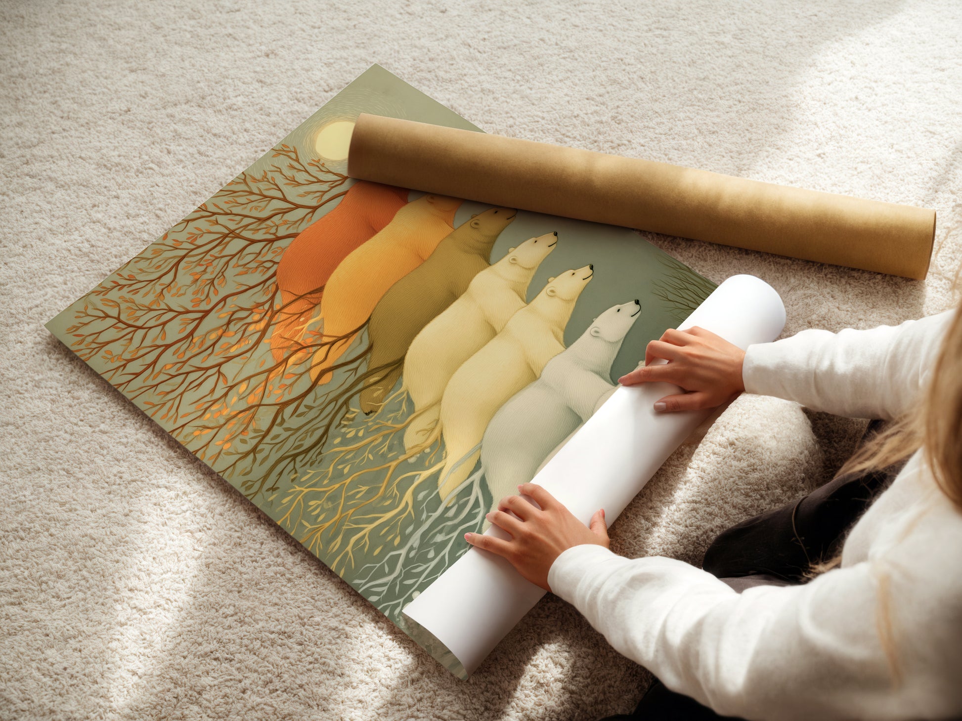 A woman is carefully rolling a fine art poster paper featuring polar bear artwork. This arctic wildlife is perfect for a nursery or study room. The beige and gray tones complement contemporary styles. Great wall decor for childcare providers and children's hospitals.