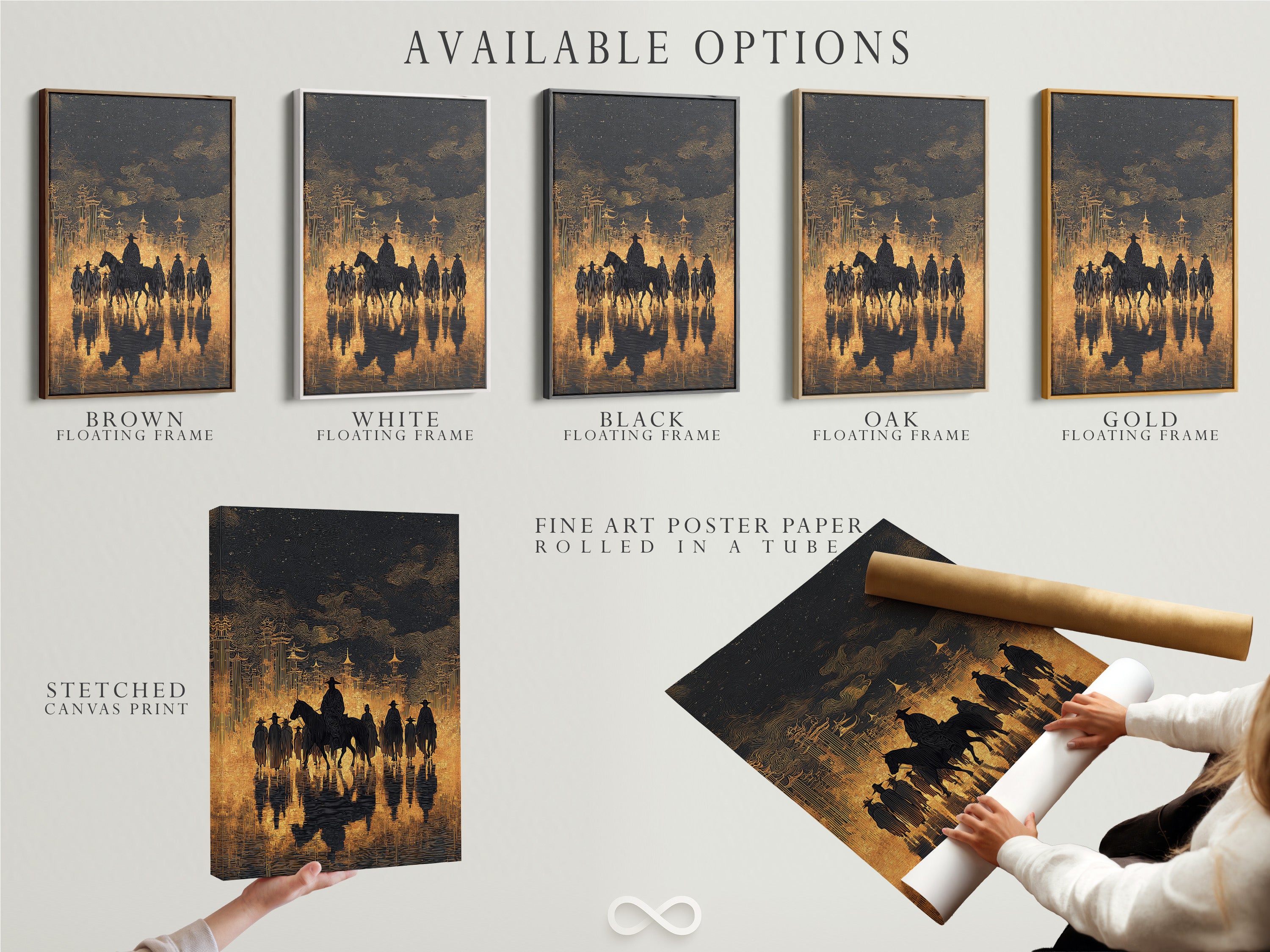 Available options for Western Cowboys artwork. Choose from stretched canvas print fine art poster paper or floating frame. Customize your artwork to match your style. Perfect for any room.