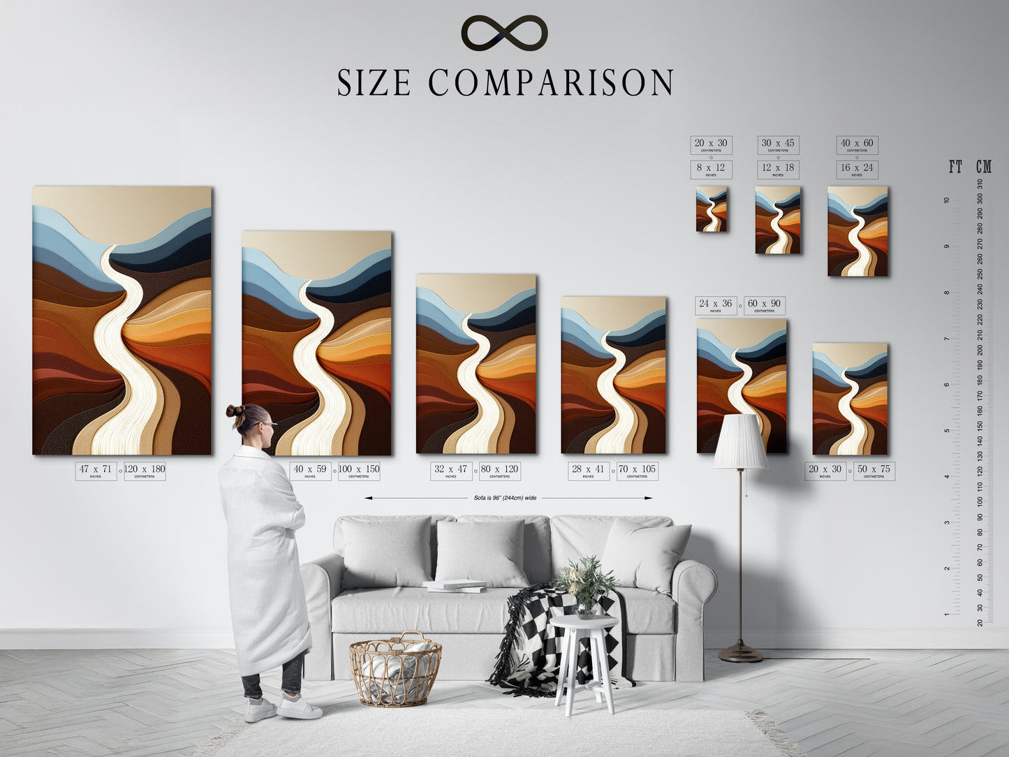 A size comparison chart is displayed in an interior setting. This chart helps you visualize the artwork's dimensions. See how different sizes fit in your living space. Choose the perfect size for your abstract river art. Make an informed decision with our size guide. Find the ideal piece for your home decor.