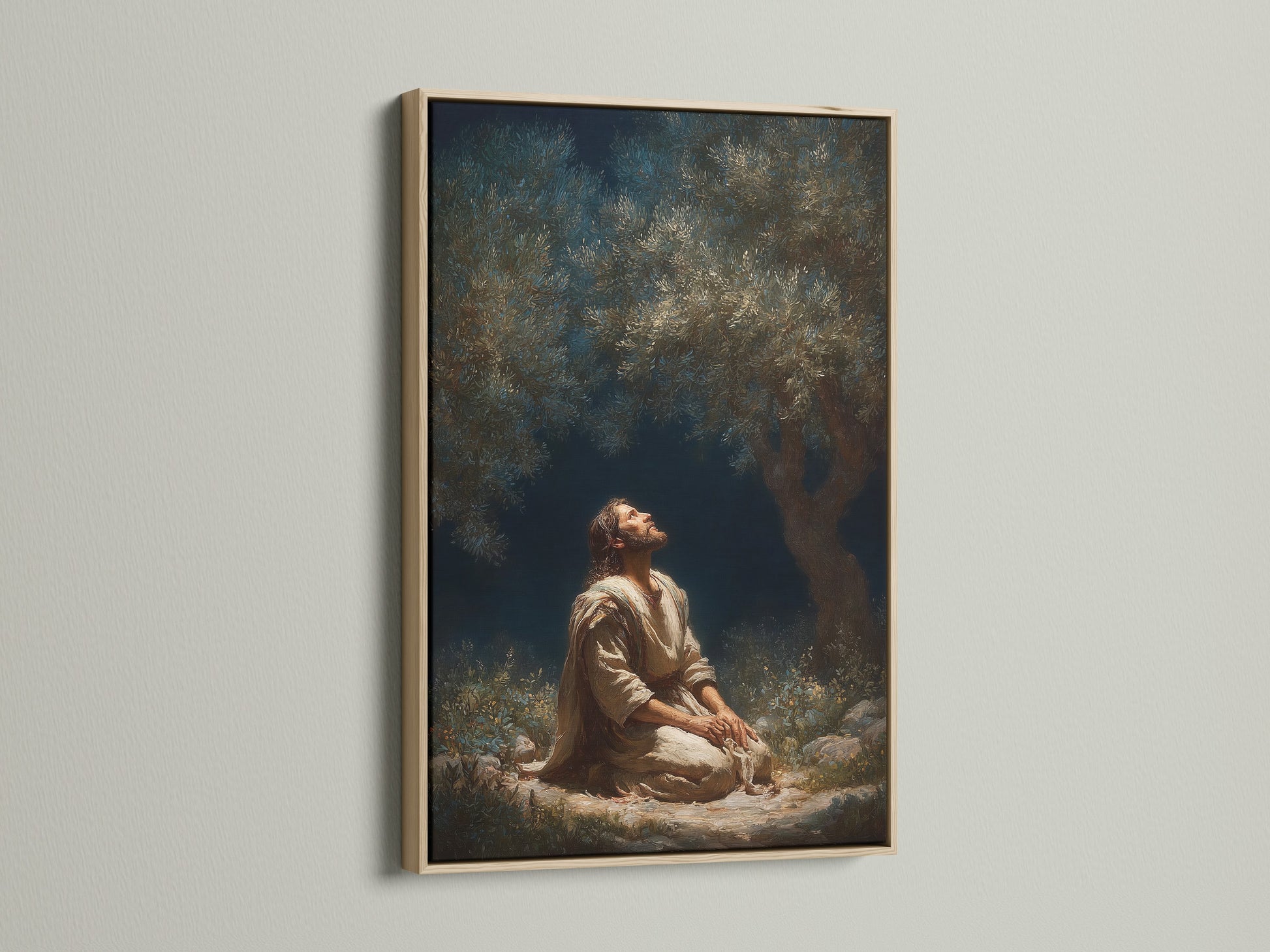 The artwork features a serene religious scene. It is beautifully framed in oak. The oak frame enhances the artwork. It brings warmth and sophistication. Elevate your space with this timeless piece. The frame is made of real oak wood.