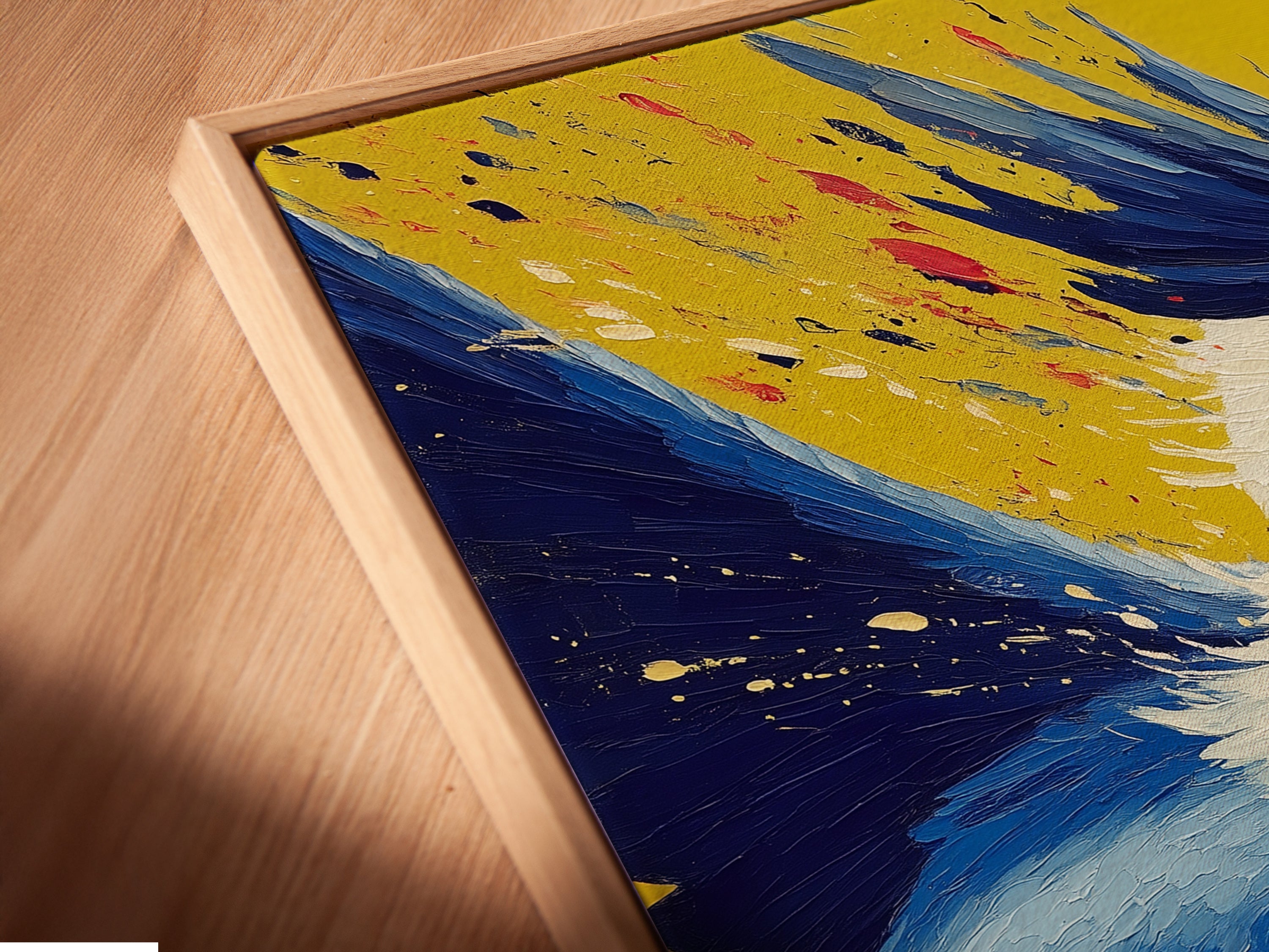 A close-up angled view of the Hornbill canvas print is in a floating frame. The artwork highlights the fine details. It brings exotic wildlife into your home. The floating frame adds a touch of sophistication to the colorful wall art.