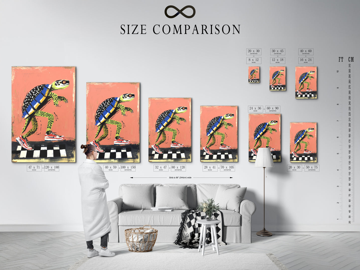 Size comparison chart displayed in an interior setting. See how the turtle skateboard art print fits in various spaces. This helps you choose the perfect size for your room. Envision this cool animal artwork in your home. Perfect for kids rooms teen bedrooms or studios.