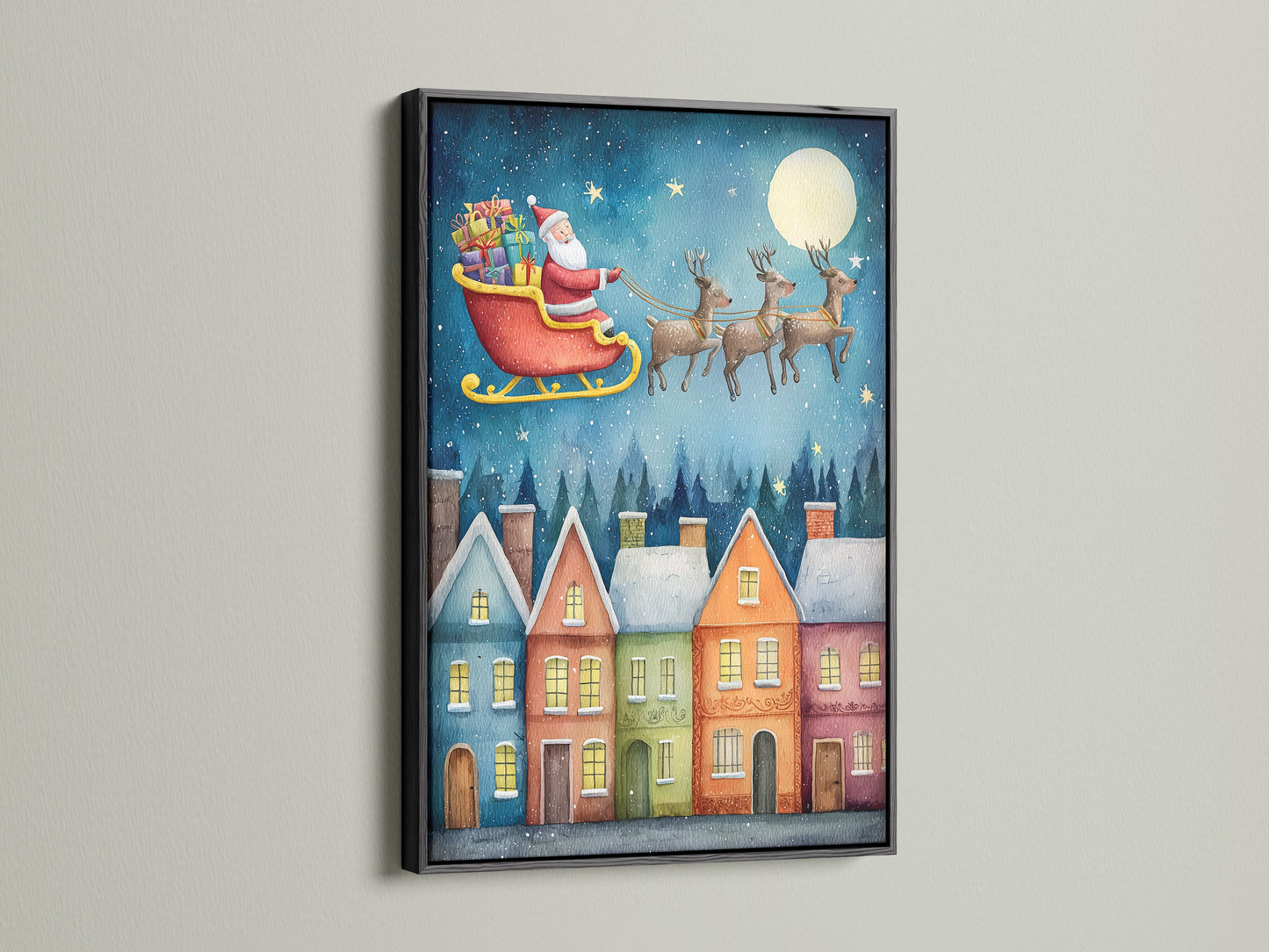 Santa's Flight Canvas Art in a sleek black frame. This Christmas Eve wall art is perfect for adding a touch of holiday magic to any room. The xmas canvas print creates a festive winter wonderland scene. Ideal for kids' rooms or a cozy holiday decor.