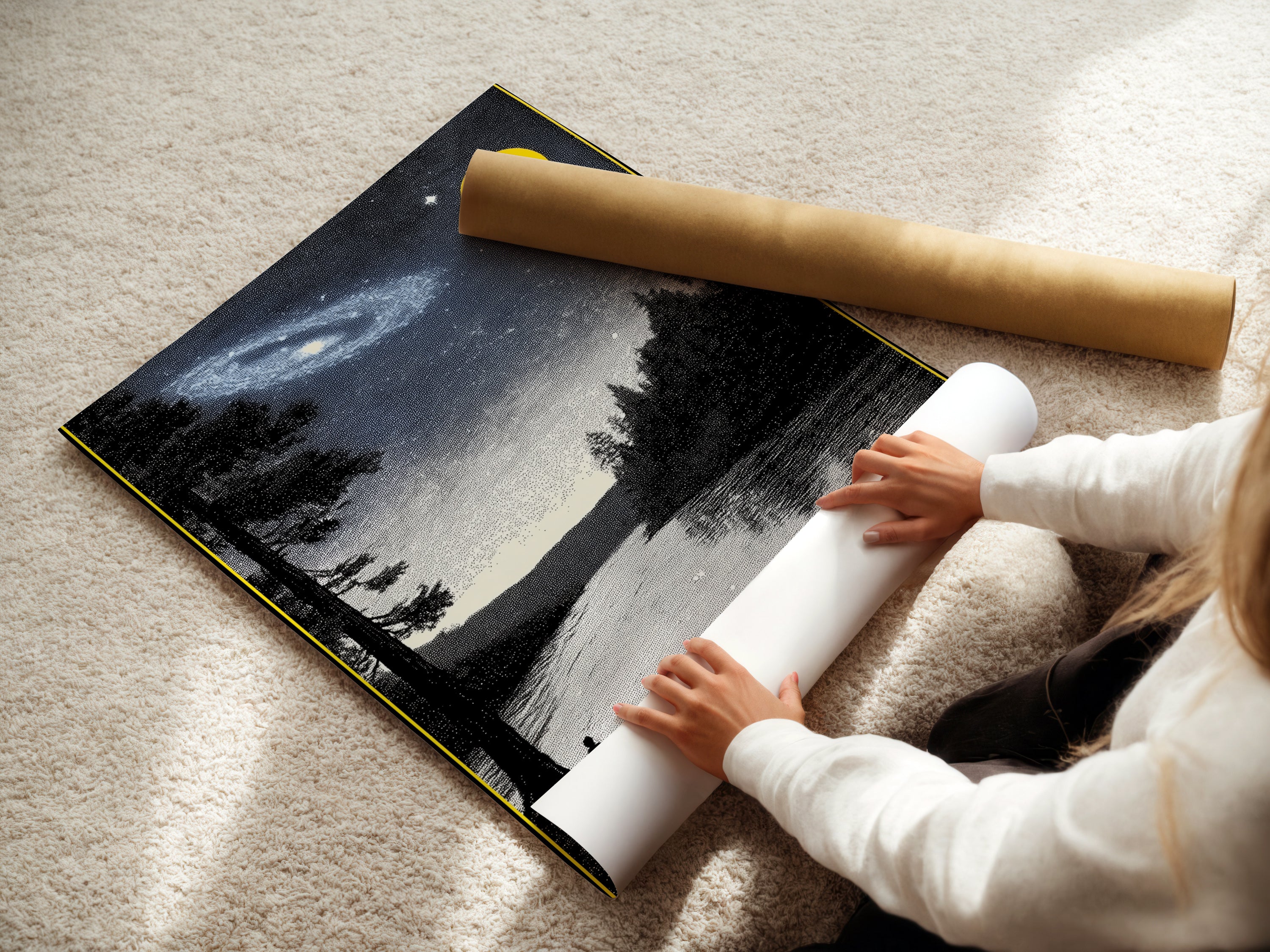 A woman is rolling a fine art poster paper. The paper features a Night Sky Landscape. This allows for easy and safe shipping of the galaxy art. The lake wall art is ready to be framed. High-quality celestial art for your home.