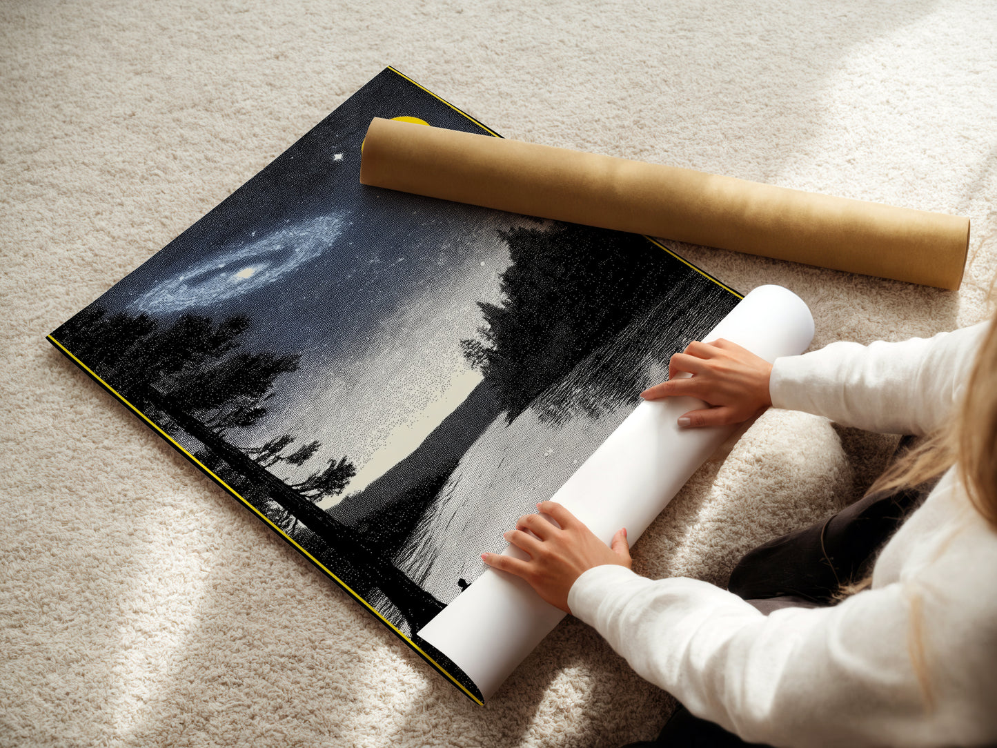 A woman is rolling a fine art poster paper. The paper features a Night Sky Landscape. This allows for easy and safe shipping of the galaxy art. The lake wall art is ready to be framed. High-quality celestial art for your home.
