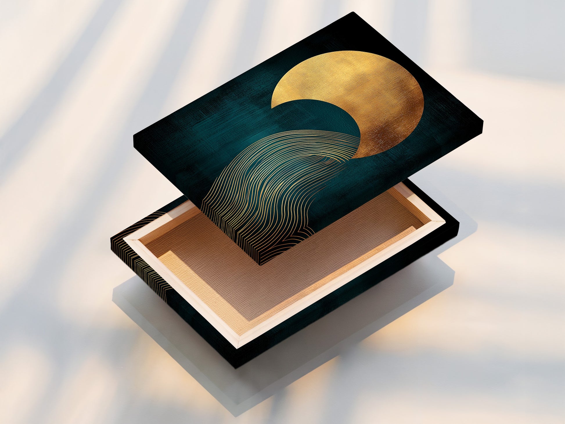 A stretched canvas print showcases a teal and gold abstract sun wave artwork. The artwork is ready to hang and enjoy. This contemporary print will add a modern touch to any room. Ideal for enhancing living rooms bedrooms and home offices with minimalist art.