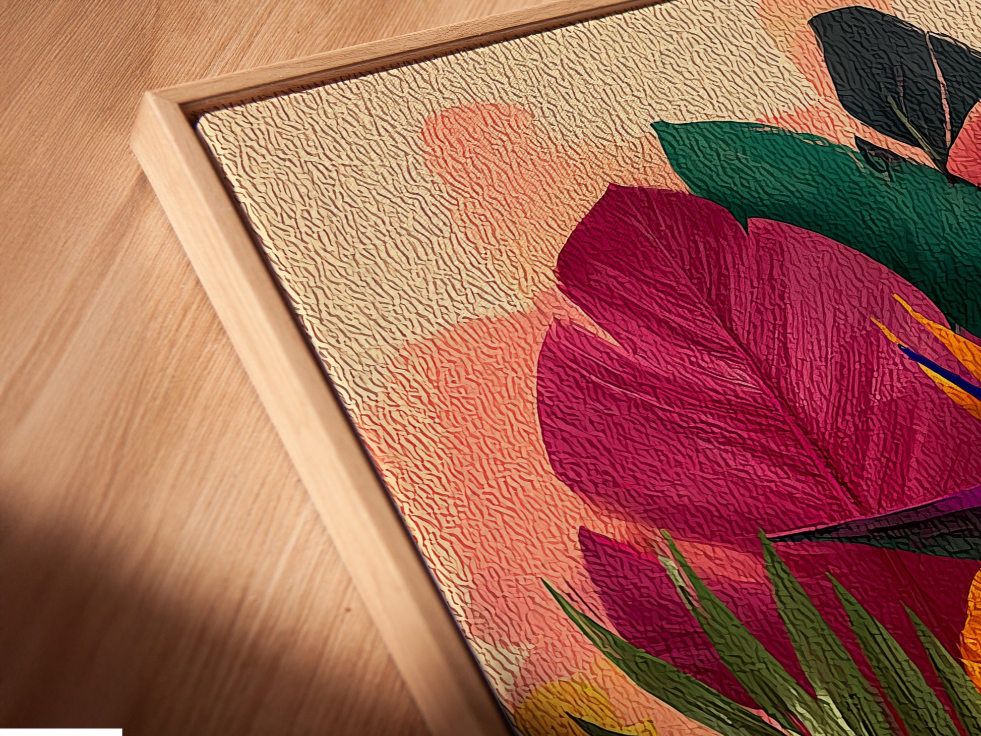 A close-up shot displays a canvas print in a floating frame. The frame gives the illusion that the artwork is floating. This framing style adds a modern and artistic touch. The canvas print looks sophisticated and eye-catching. It enhances the artwork.