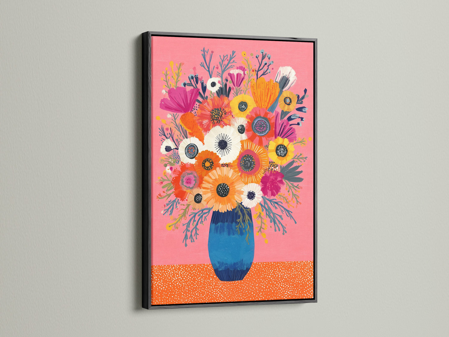 Black frame displays a striking floral artwork. The artwork features a pink background and a blue vase. The black frame adds a touch of sophistication. This artwork creates a bold statement. Discover the elegance of a black frame for your artwork.