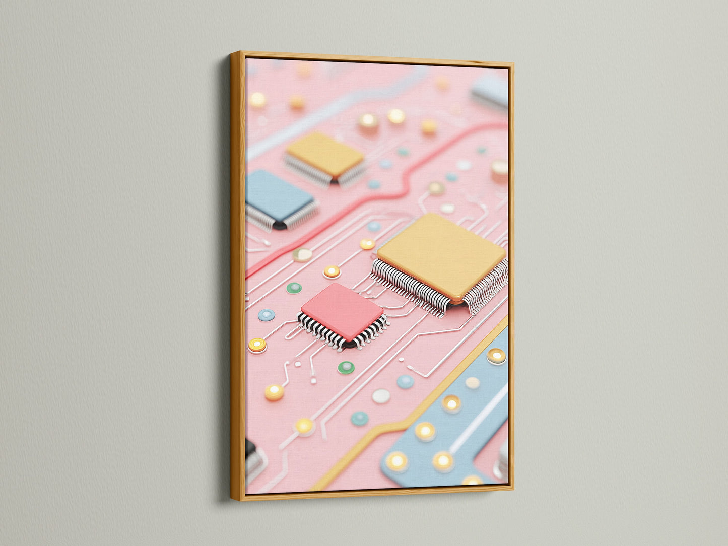 Circuit board art print in a gold frame. The pastel pink and blue colors add a touch of sophistication. This modern tech art is perfect for offices studios or living rooms. A unique gift for tech professionals.