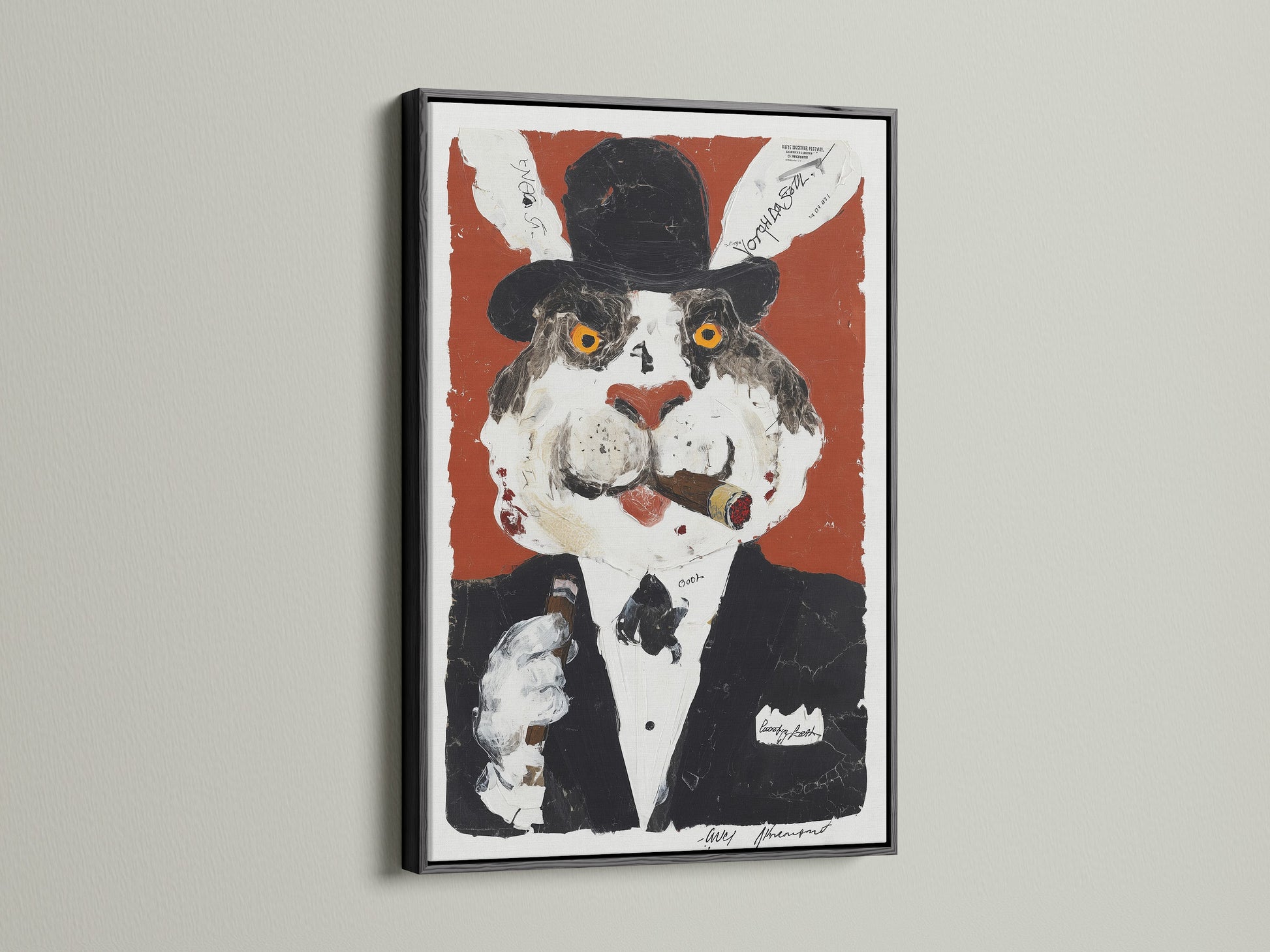 This vintage cat portrait canvas features surreal animal art. A whimsical gentleman cat is displayed in a black frame. It is ideal as eccentric wall decor. This cat portrait print is a unique retro animal print to elevate your decor.