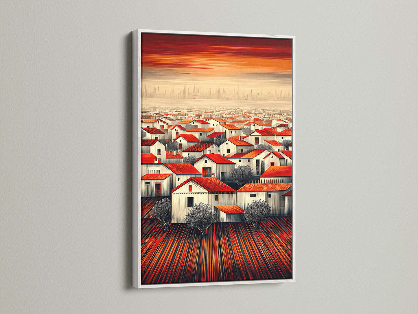 The 'Red Roof Village' artwork is showcased in a white frame. The contrast enhances the rustic landscape. This Mediterranean decor piece adds a touch of elegance to any room. Ideal for a housewarming gift.