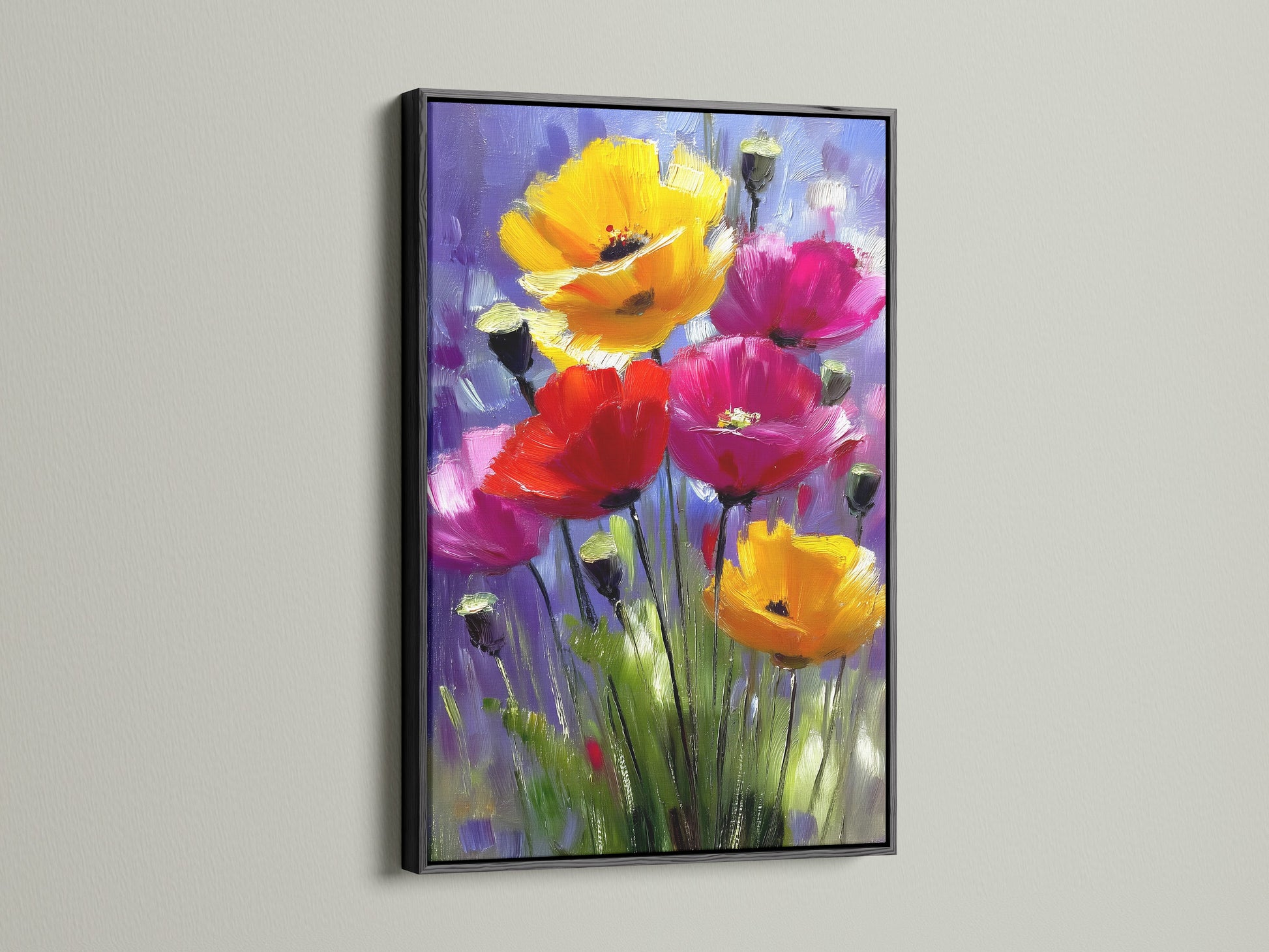 Artwork featuring vibrant flowers in a black frame. The black frame adds a touch of sophistication. Perfect for creating a gallery-style display. This frame option highlights the artwork's colors and details beautifully.