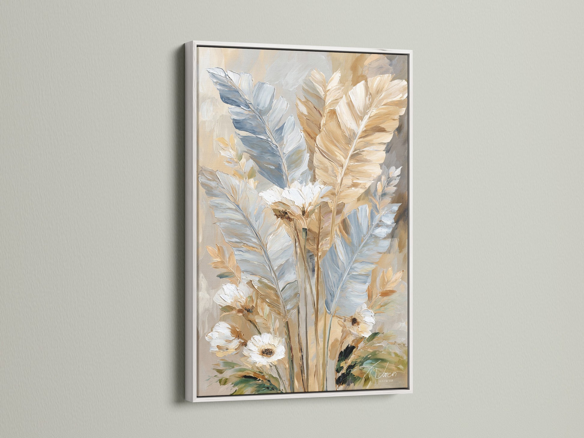 Botanical print in a white frame. Soft wall decor for a serene atmosphere. This feathers artwork creates a calming effect. Neutral home decor with a modern touch. The white frame complements the soft colors. This feather art is a beautiful addition.