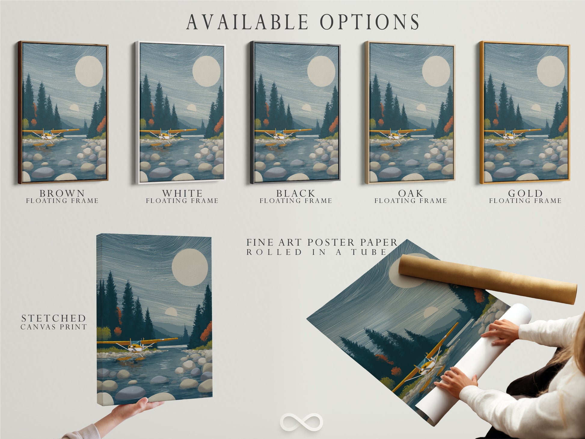 Available options for seaplane artwork: stretched canvas print fine art poster paper and floating frame. Lake landscape wall artwork for cabin decor. Select the perfect style to match your taste. Enhance your space with this modern aviation artwork.