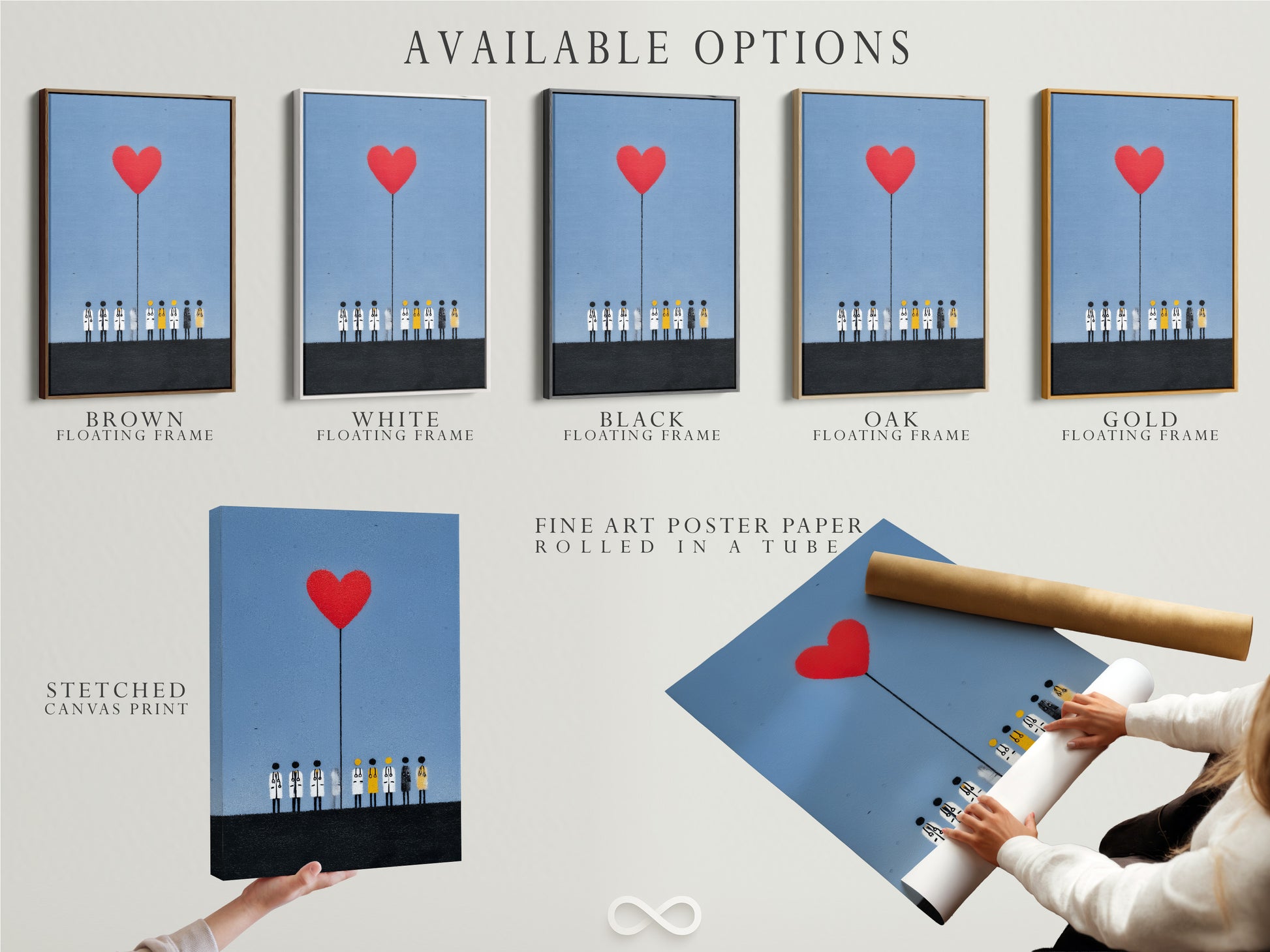 Available options for the medical team artwork are displayed. The options include a stretched canvas print fine art poster paper and a floating frame. The artwork features a red heart balloon above healthcare heroes. Choose the perfect option to suit your decor needs.