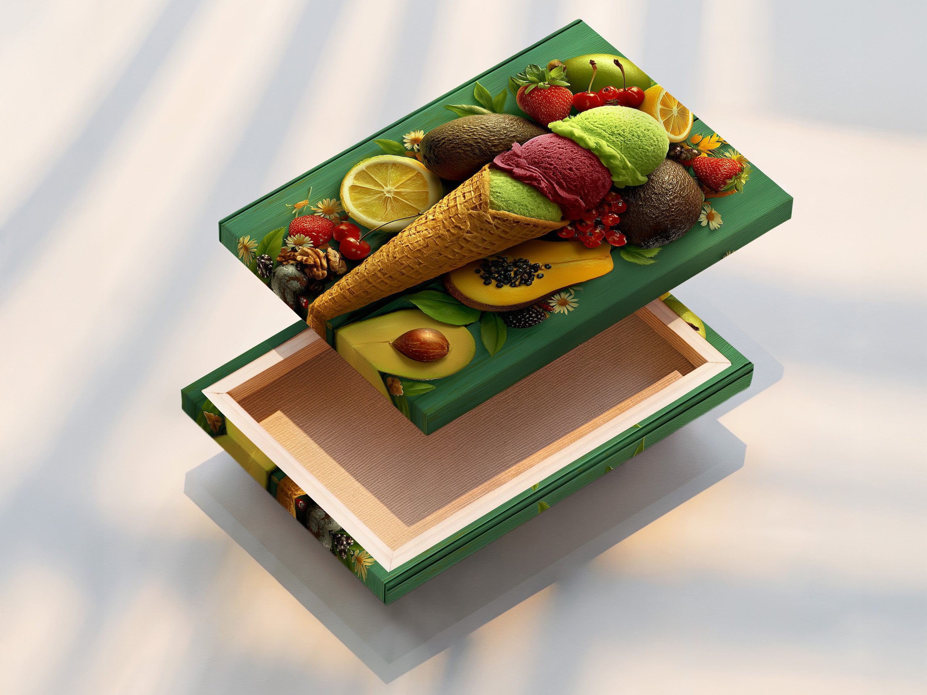 A stretched canvas print is displayed. The artwork features an ice cream cone. It is surrounded by fresh fruits. The canvas is stretched perfectly. It is ready to hang. The colors are vibrant and long-lasting. Transform your photos into stunning wall art.