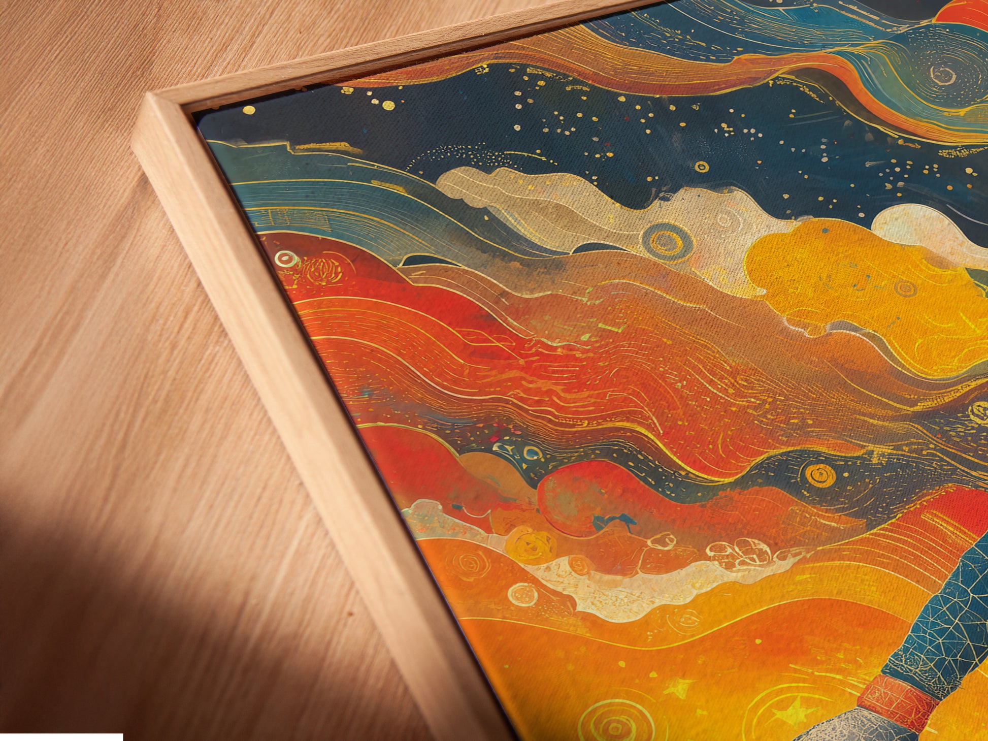 A close up angled view of a canvas print in a floating frame. The soccer goalkeeper artwork is a dynamic piece of sports wall decor. It is perfect for a football player poster. This athletic art enhances any space. Add action to your walls.