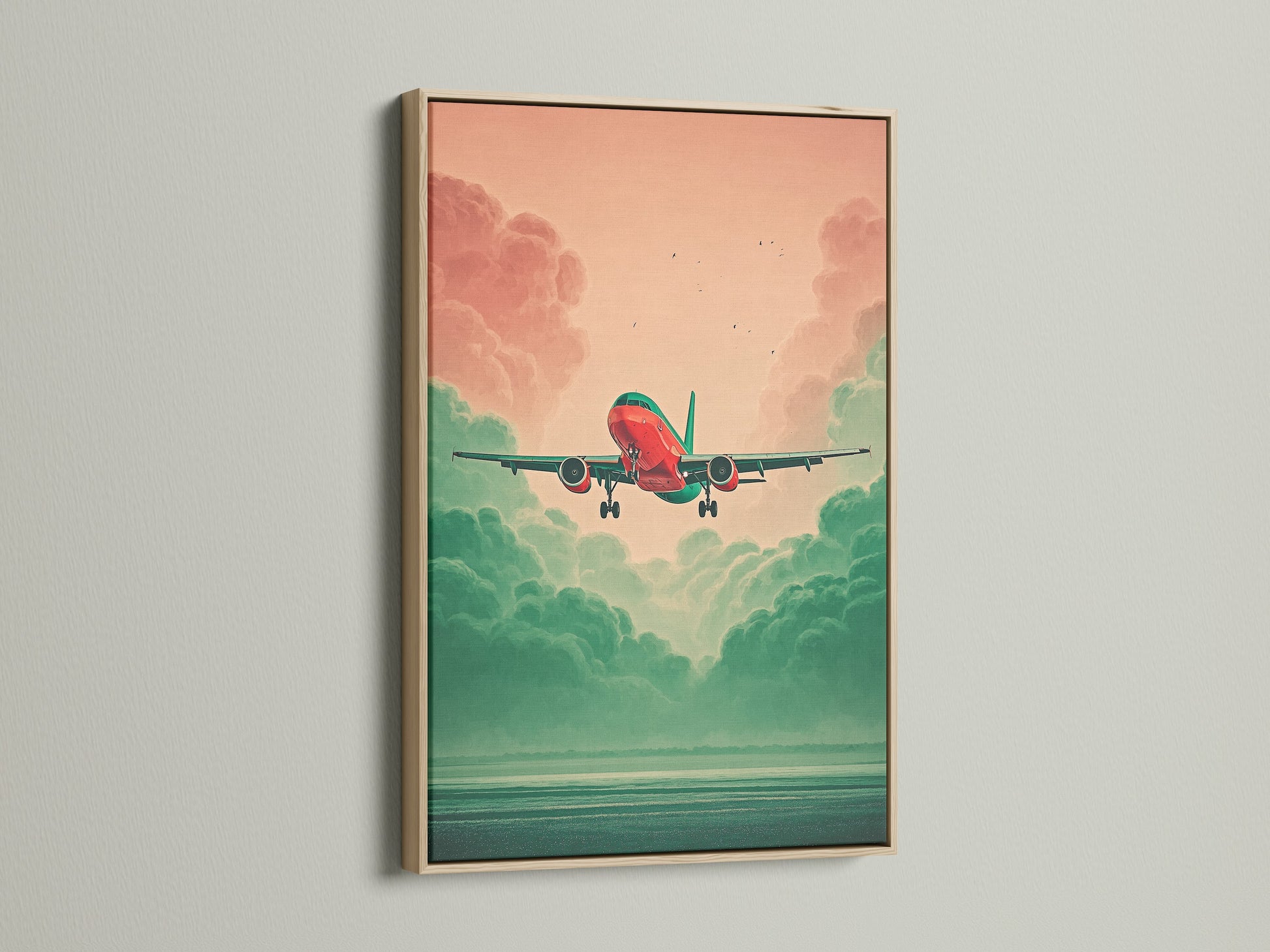 Aviation Wall Art displayed in an oak frame. The artwork presents an airplane set against a teal and coral sky. This aviation print is great for travel lovers. Elevate your space with this modern artwork. It's suitable for minimalist and aviation-themed interiors. A perfect travel gift