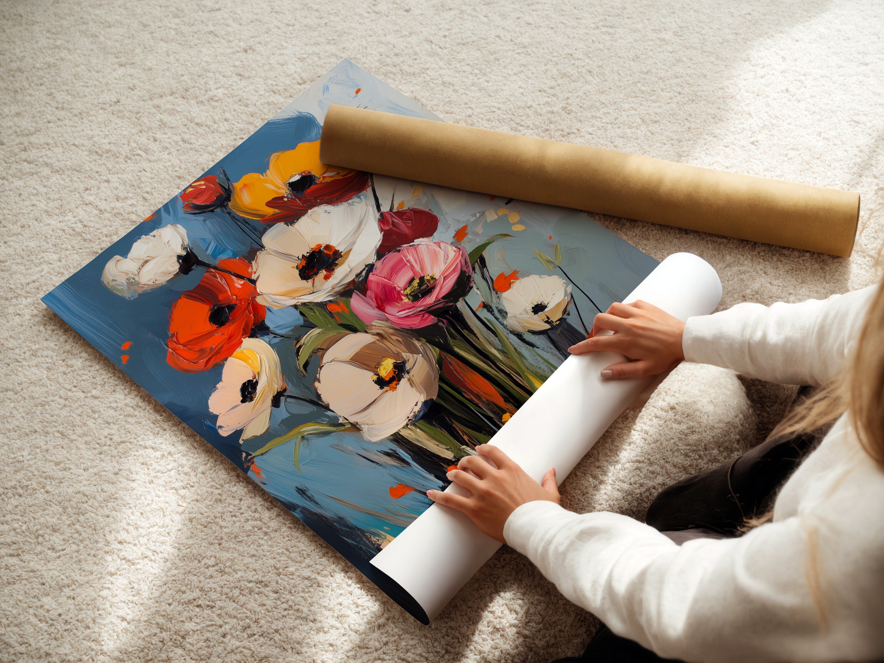 A woman rolls fine art poster paper. High-quality fine art paper ensures vibrant and lasting prints. The paper is carefully handled for pristine condition. Perfect for art enthusiasts and professionals alike. Explore our paper options.