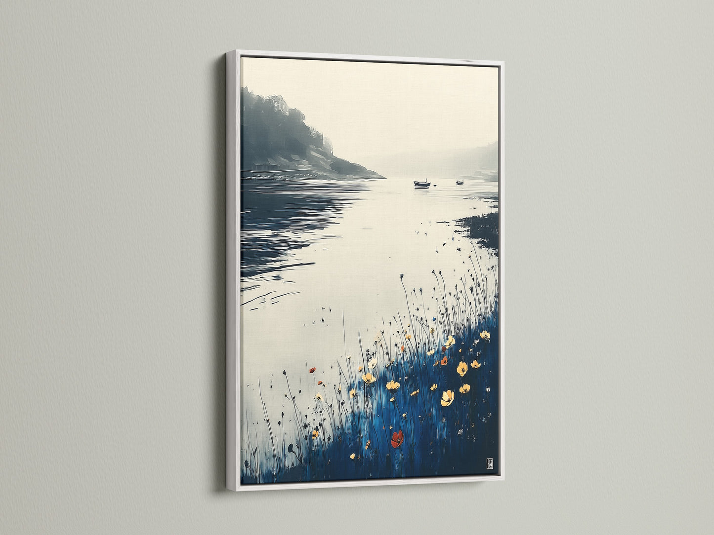 Modern coastal artwork in a white frame. The serene lake art presents a tranquil landscape with blue and beige tones. This nature print complements minimalist coastal and farmhouse decor. A perfect choice for creating a serene atmosphere in any room. Explore the beauty of landscape wall art for your home.