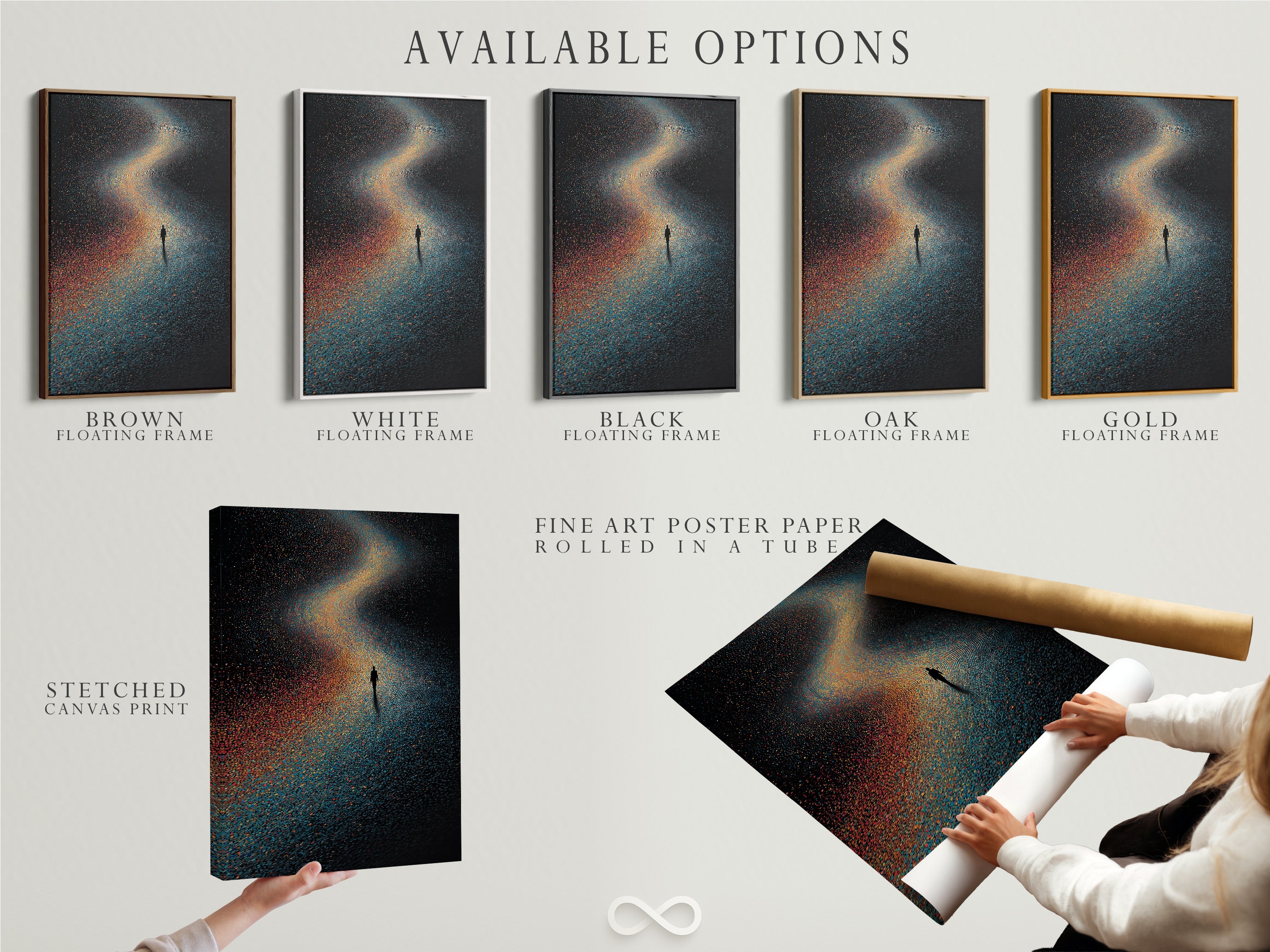 Explore the available options for cosmic galaxy artwork. Choose from stretched canvas prints. Consider fine art poster paper. Opt for a floating frame. Each option enhances the surreal space theme. Customize your celestial pointillism art to fit your style. Perfect for any decor.