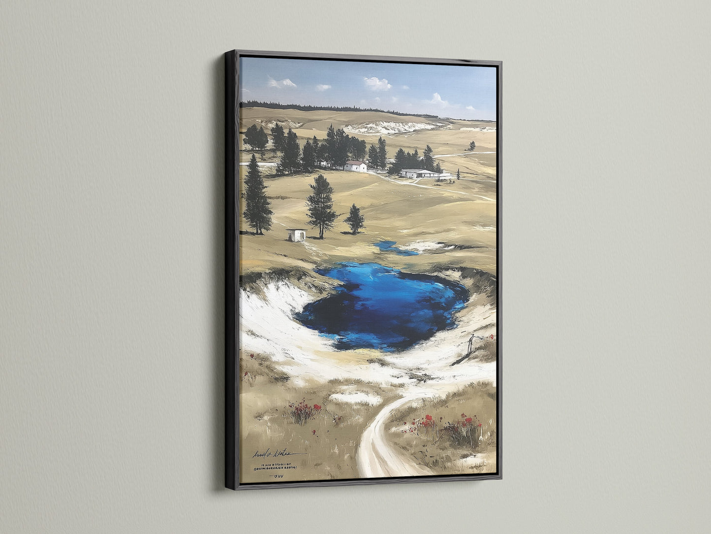 Black frame displays Wyoming landscape artwork. The Grand Prismatic Springs Yellowstone National Park poster is perfect for office wall decor. Nature wall art fits rustic farmhouse neutral or nature-inspired styles. Bring scenic artwork to living rooms cabins and offices.