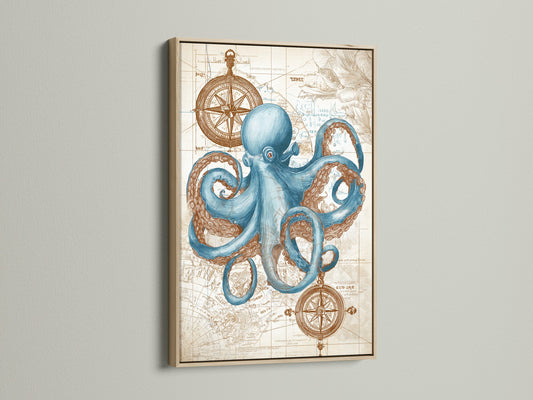 This framed artwork features an octopus art. It is displayed in an oak frame. The artwork showcases a blue octopus set against a nautical map background. The oak frame enhances the artwork's rustic appeal. This piece brings a touch of the sea to any room. Ideal for coastal-themed decor and art collectors