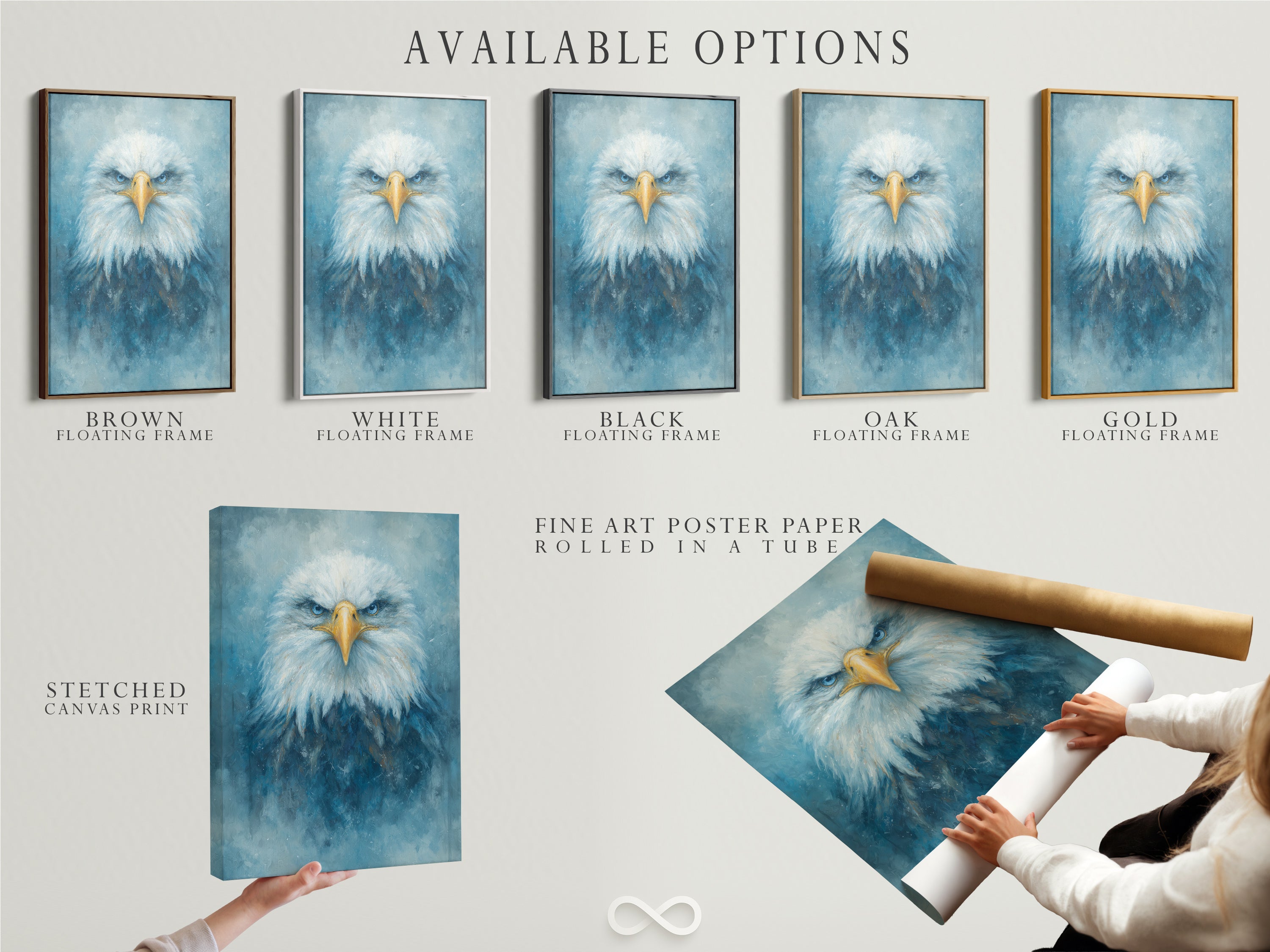 Explore available options for the eagle portrait. Choose between a stretched canvas print fine art poster or floating frame. Each option highlights the majestic bird's piercing blue eyes. Enhance your office or living room with this captivating wildlife art. It suits contemporary styles.