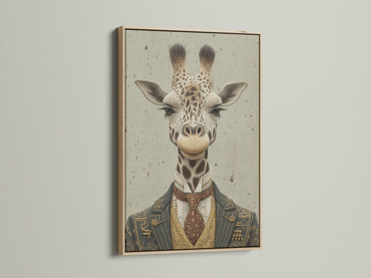 An oak frame displays a vintage gentleman giraffe portrait. This anthropomorphic art adds a touch of whimsy to any space. It is ideal for living room wall art or library decor. Explore the timeless appeal of safari wall decor.