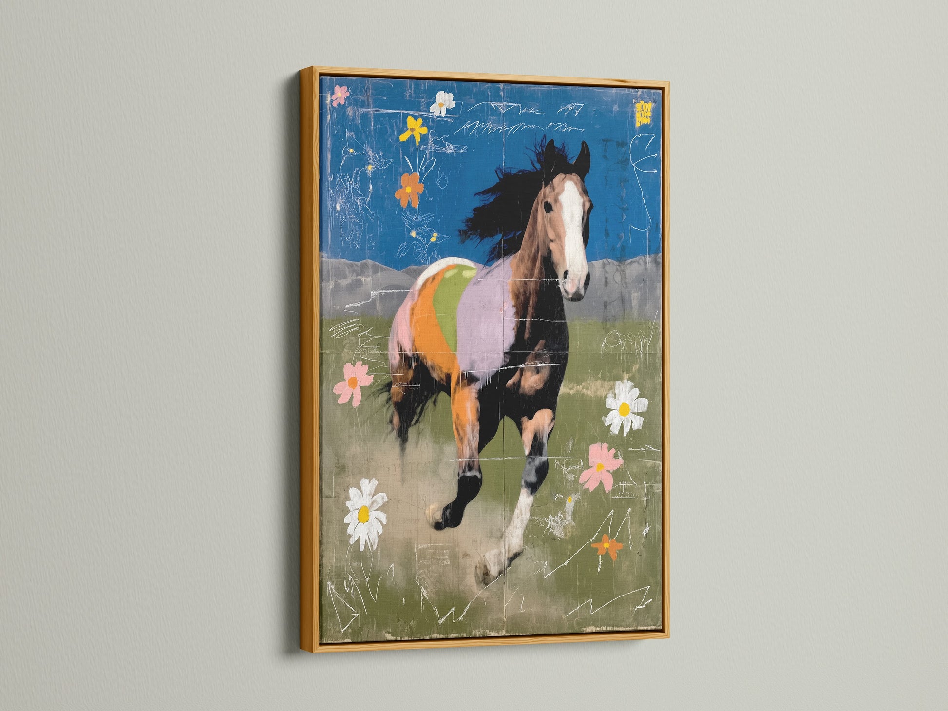 Abstract horse art print displayed in a gold frame. The gold frame enhances the artwork's vibrant colors. This is perfect for adding a touch of luxury to your decor.