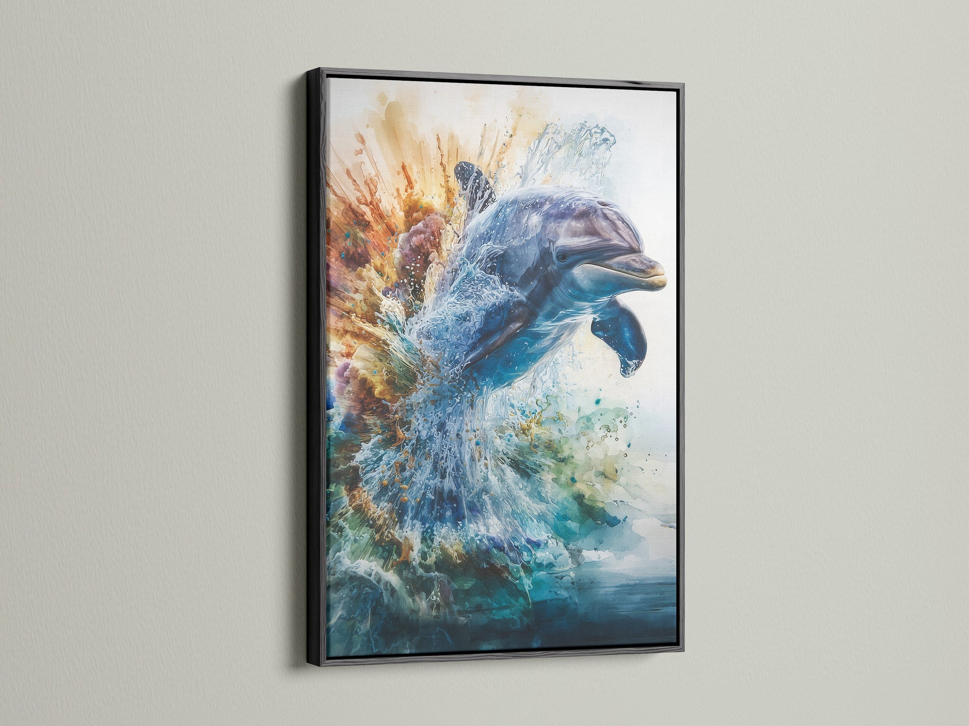 A black frame showcases a striking dolphin artwork. The black frame adds sophistication and contrast. It brings a dramatic touch to your walls. Frame your memories with our timeless black frame options.