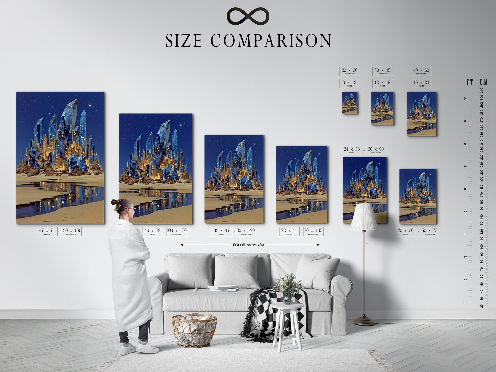 Size comparison chart displayed in an interior setting. See how the fantasy crystal castle art fits your space. This surreal blue crystal wall art enhances any room. The magical landscape canvas print is perfect for bedroom wall decor. Find your perfect size today
