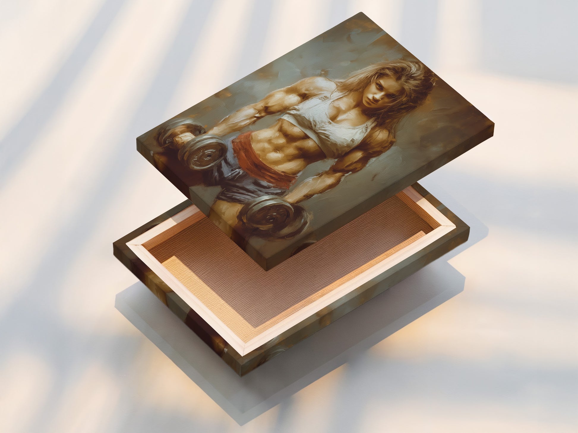 Stretched canvas print featuring a strong woman. This fitness motivation wall art is ideal for your home gym decor. The female bodybuilder artwork adds power. Perfect for gym wall decor. Elevate your workout space.