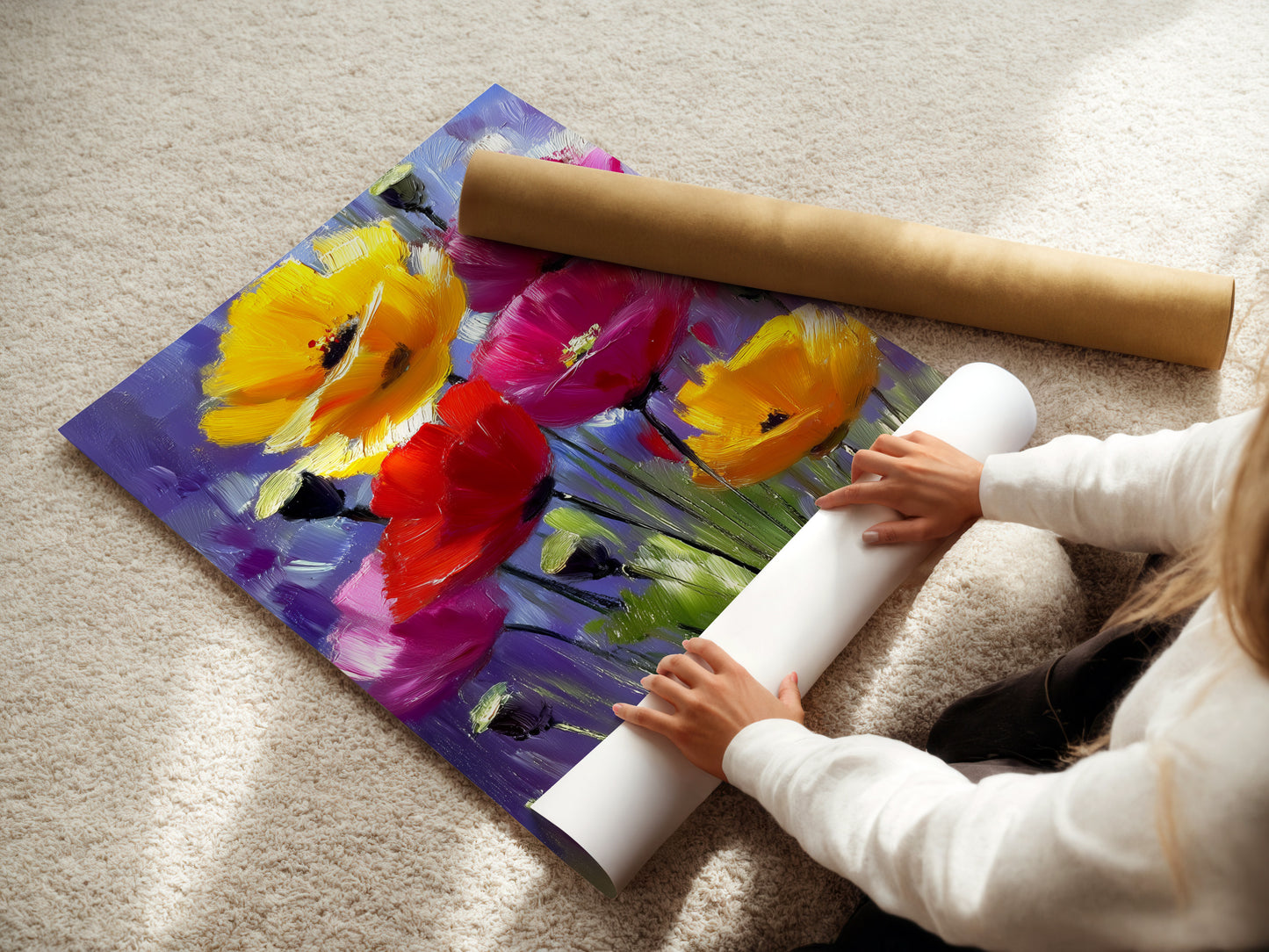 A woman carefully rolling a fine art poster paper. She is preparing it for framing or display. High-quality paper ensures vibrant colors and sharp details. Preserve your art with this professional-grade material.