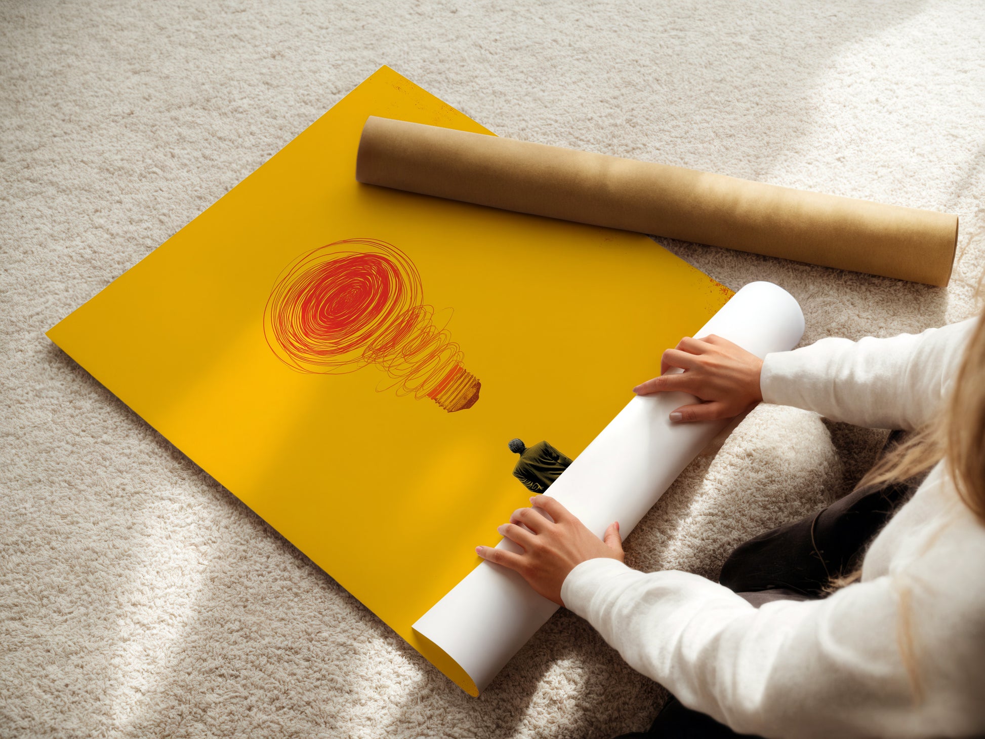 A woman is carefully rolling a fine art poster paper. The fine art poster paper is high-quality. This ensures the artwork looks its best. Rolling protects the paper from damage. Preserve your art with care using the correct storage method.