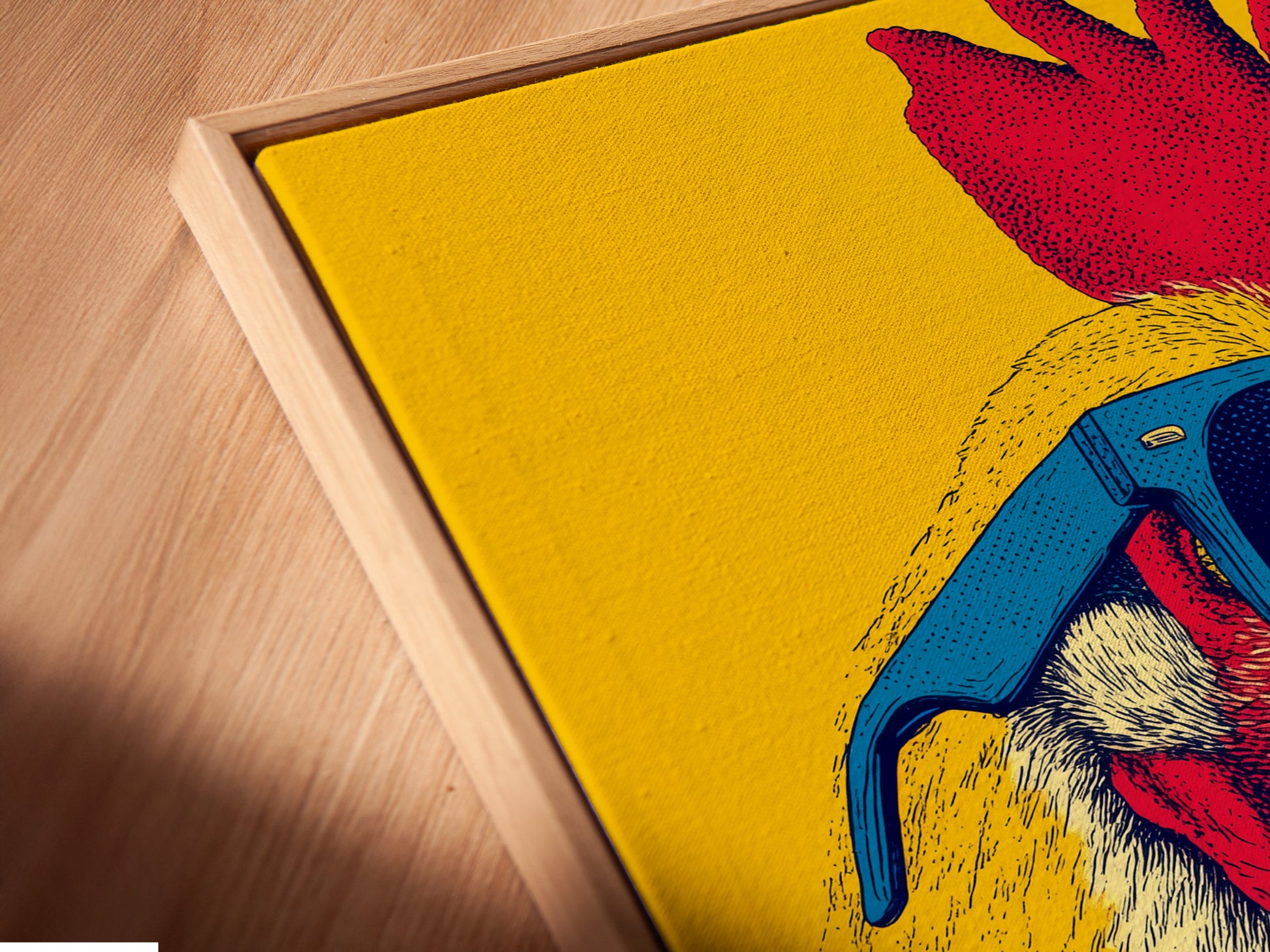 Close-up angled view of a canvas print in a floating frame. The floating frame gives the artwork a modern and elevated look. This framing style enhances the art. The floating frame separates the art from the wall. The effect creates a unique display.