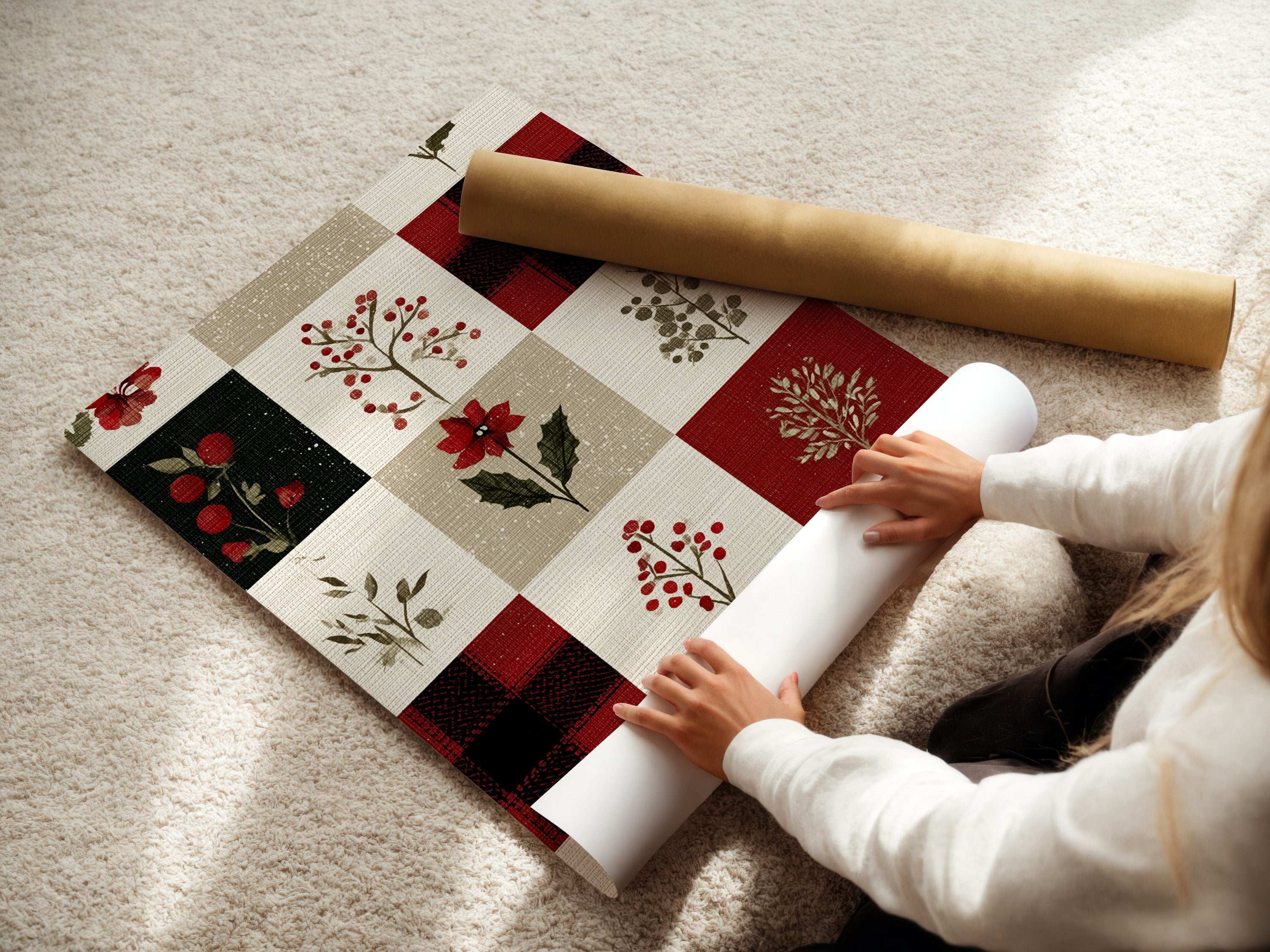 A woman is carefully rolling a fine art poster paper. The poster paper has a smooth texture. She is preparing it for framing or display. The woman is wearing a casual outfit. The background is a clean and well-lit space.