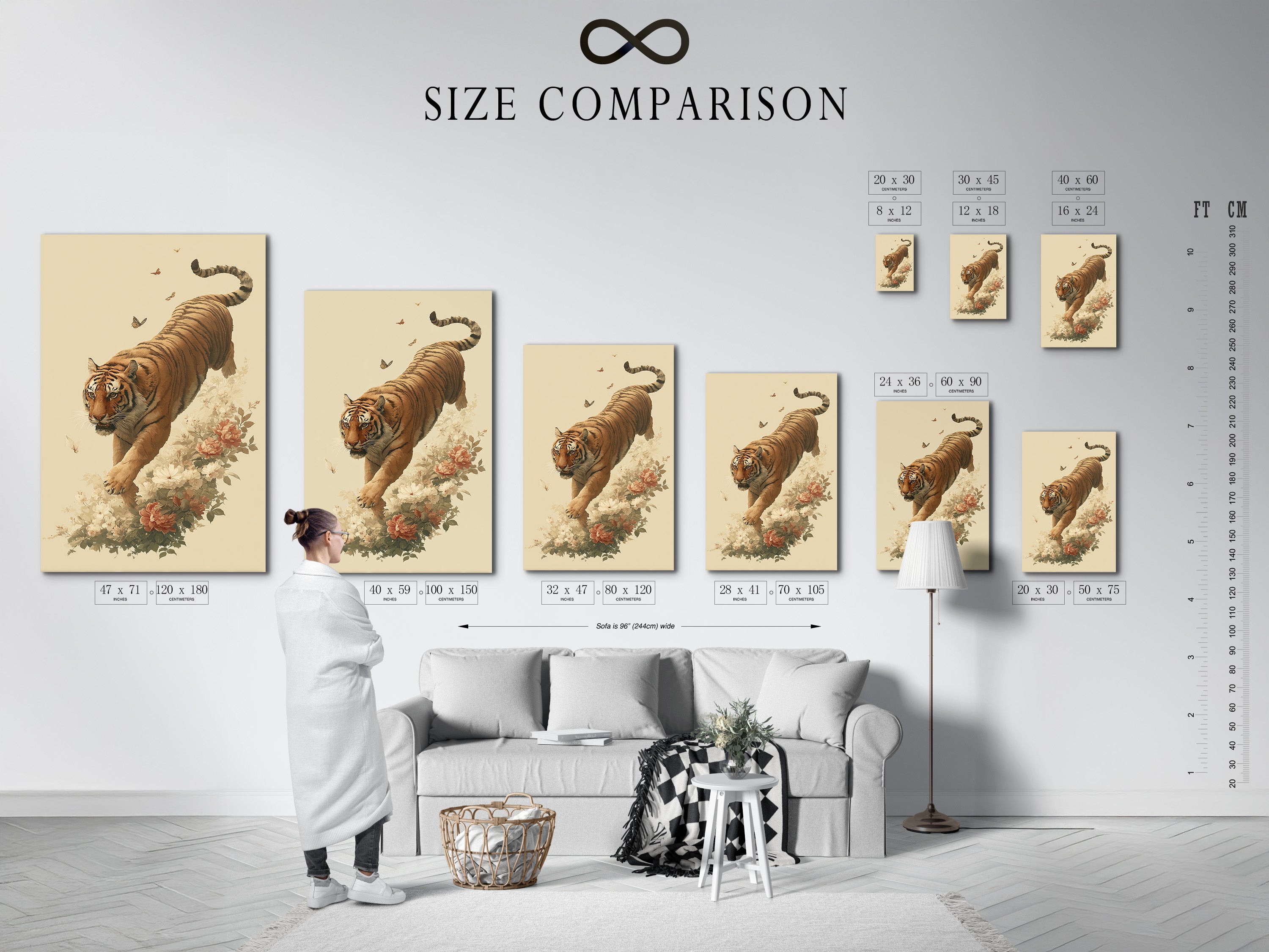 A size comparison chart displayed in an interior setting. This chart helps visualize how the vintage tiger art will look in different sizes. Choose the perfect size for your living room bedroom or study room. The artwork features a botanical tiger and floral elements. Ideal for homeowners and renters.