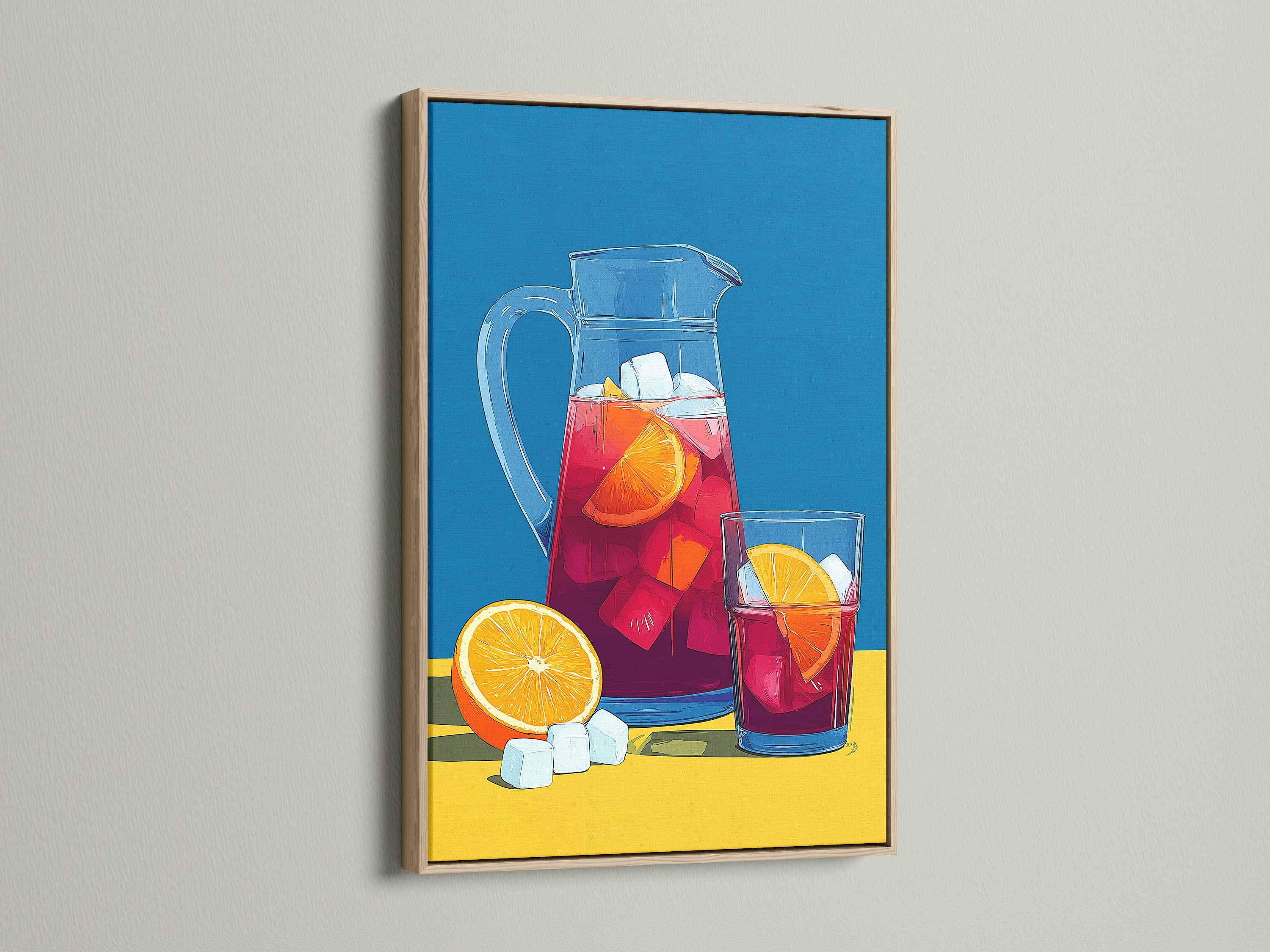 Sangria Pitcher artwork in an oak frame. The oak complements the art's warm tones. Ideal for modern kitchen wall art. It adds a touch of sophistication to your dining space. Consider this piece for your bar area.