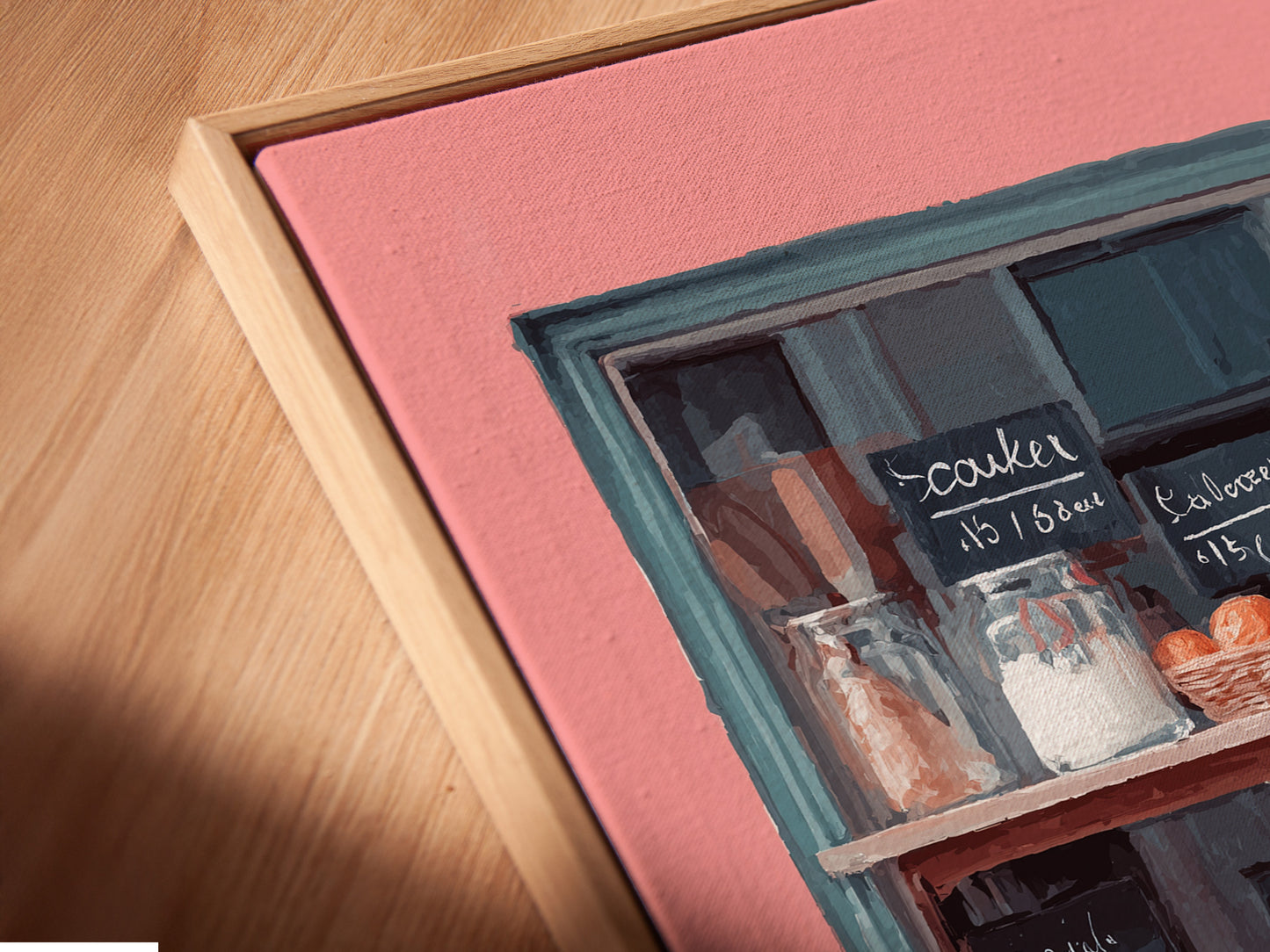 Here is an angled close up of a canvas print. The canvas is displayed in a floating frame. The floating frame gives the art a unique look. The art appears to float within the frame. This artwork adds a modern touch to any wall. It creates a sophisticated and contemporary feel.