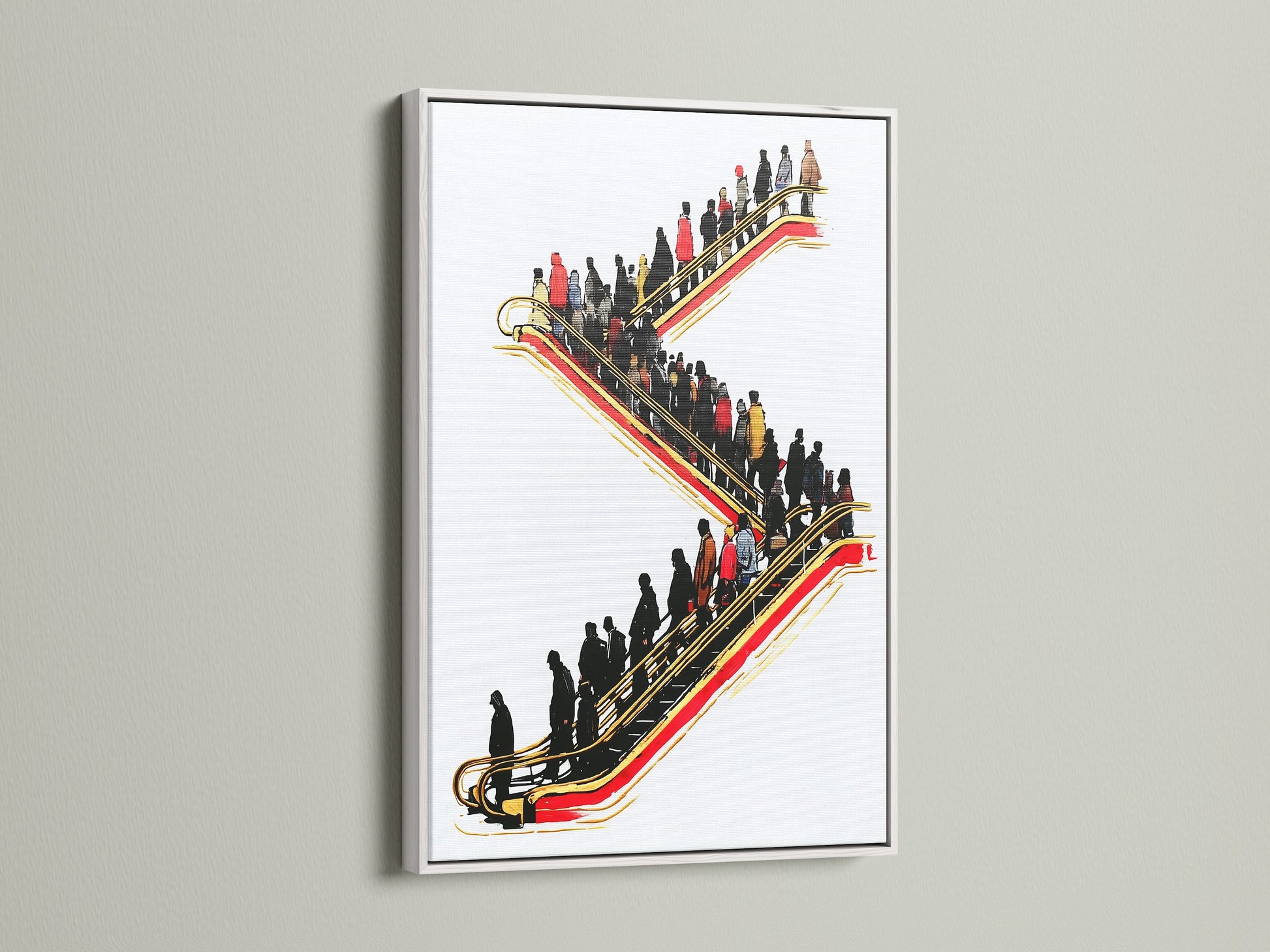 Enhance your office or studio with this vibrant escalator art. The white frame offers a clean modern look. This urban wall art features red and gold accents. Perfect for adding a touch of sophistication. This modern art print is suited for waiting rooms lobbies and boardrooms.