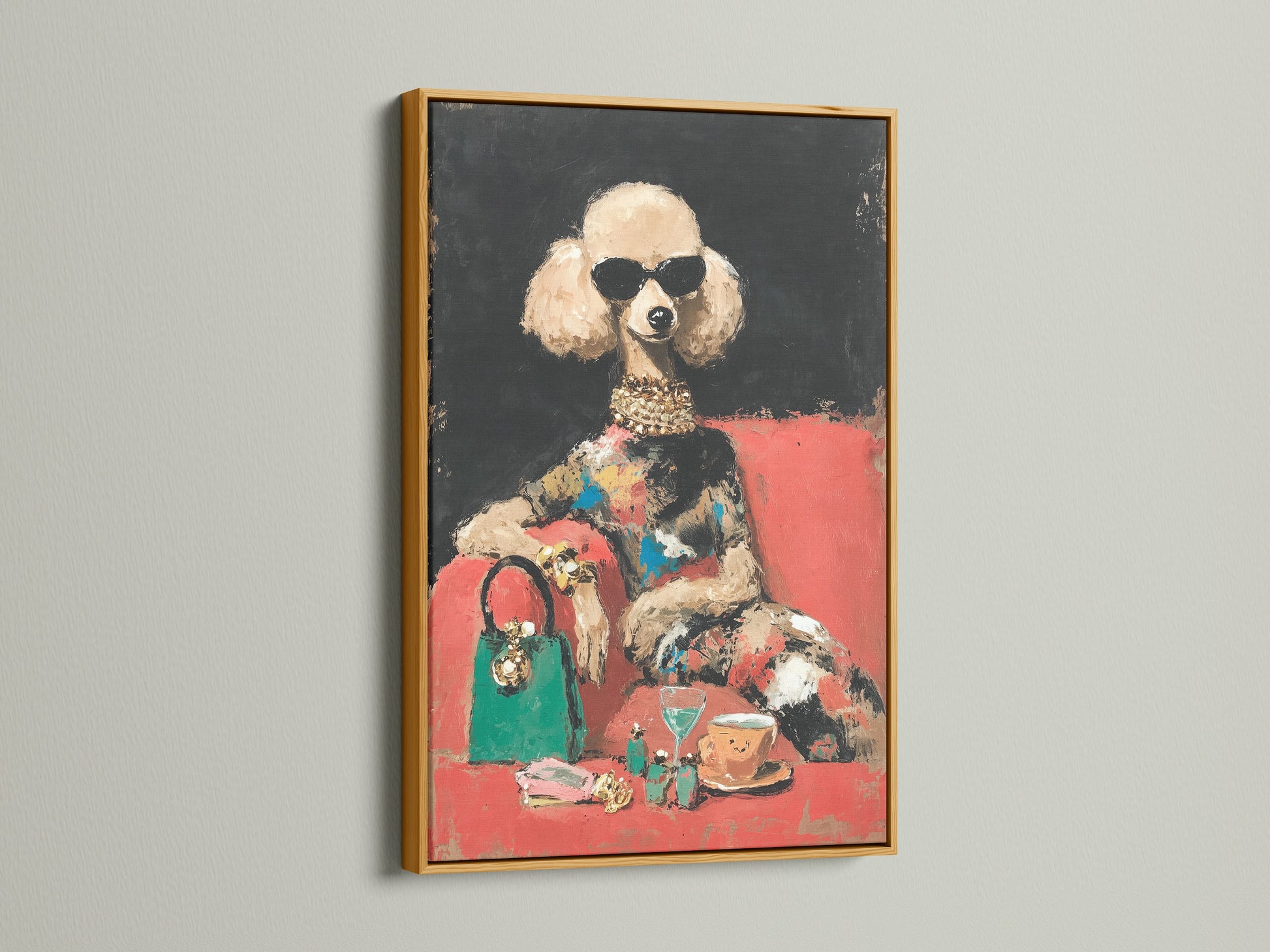 Glamorous poodle art print in a gold frame. This chic fashion dog print embodies Art Deco elegance. Perfect for boutique decor or as a stylish pet print in your office wall decor.