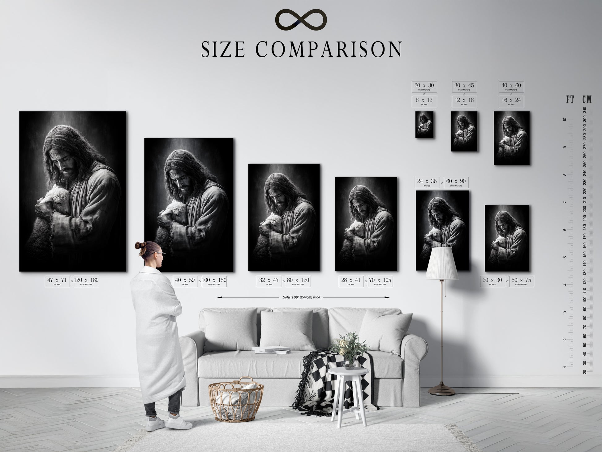 This is a size comparison chart displayed in an interior setting. The size comparison chart helps you visualize the artwork. See how different sizes will look in your home. Choose the perfect size to complement your space. Maximize your decor.