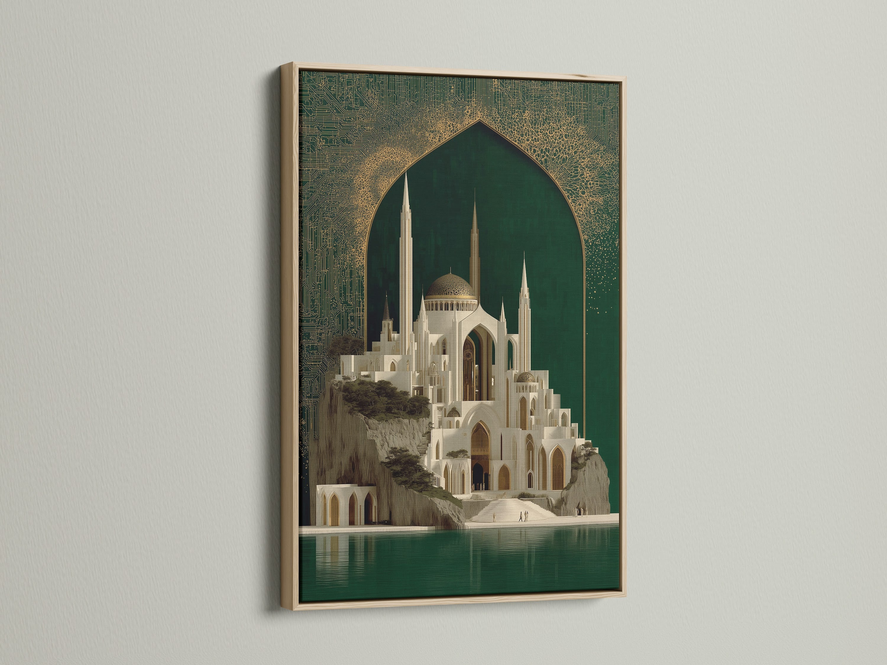 A captivating Islamic Architecture Canvas Artwork is framed in oak. The print features a stunning mosque with emerald green and gold details. This piece adds a touch of Middle Eastern charm to your space. Enhance your home with this exquisite mosque wall art.