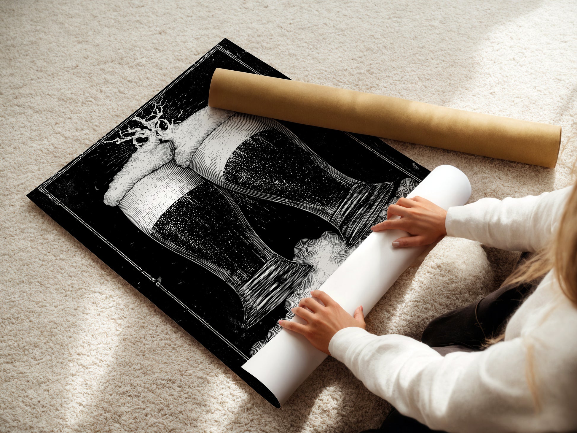 Woman rolling a fine art poster paper. The poster is carefully being rolled for shipping. The paper is high-quality and archival grade. Ensuring your art arrives in perfect condition. We take pride in our packaging. Order your fine art prints today. Experience the best in print quality.