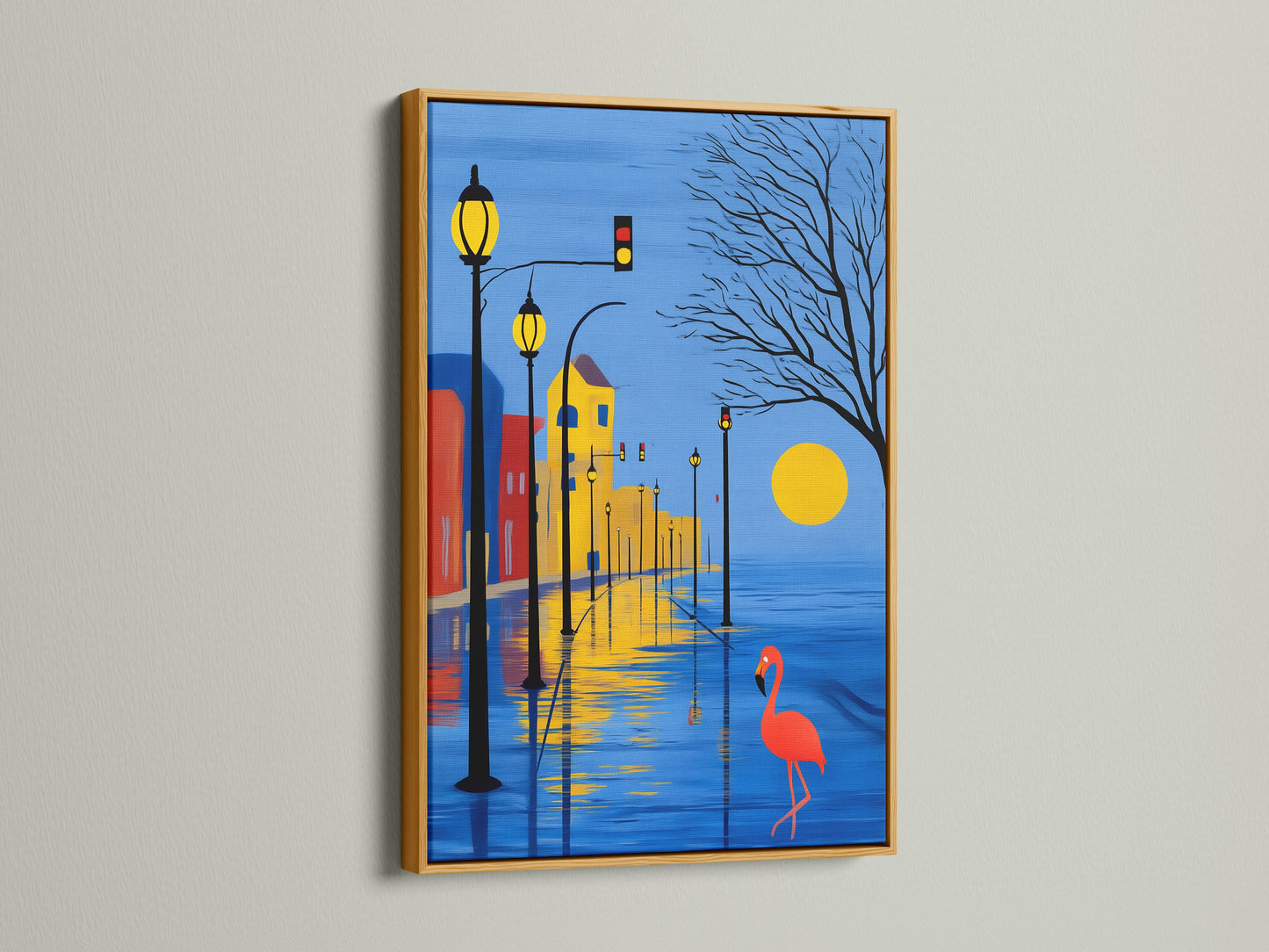 Cityscape canvas print with a gold frame. This flamingo artwork brings a touch of elegance to your walls. The modern blue and yellow decor enhances any room. Ideal for adding a pop of color to studios cafes and boardrooms.