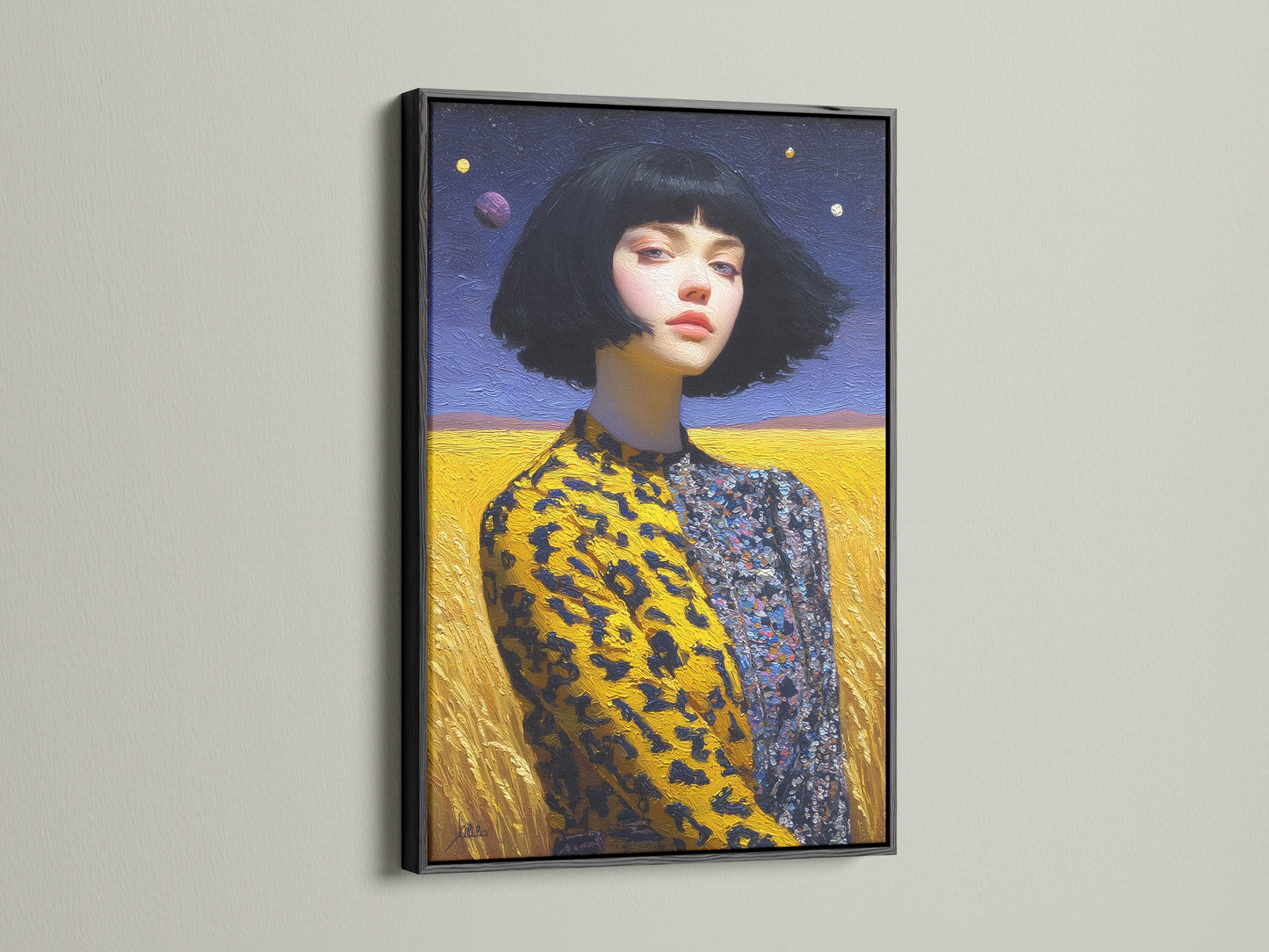 A stunning surreal portrait artwork featuring a woman with a bob haircut. It's beautifully framed in black. This contemporary wall art adds a touch of elegance. It is ideal for modern and eclectic interiors.