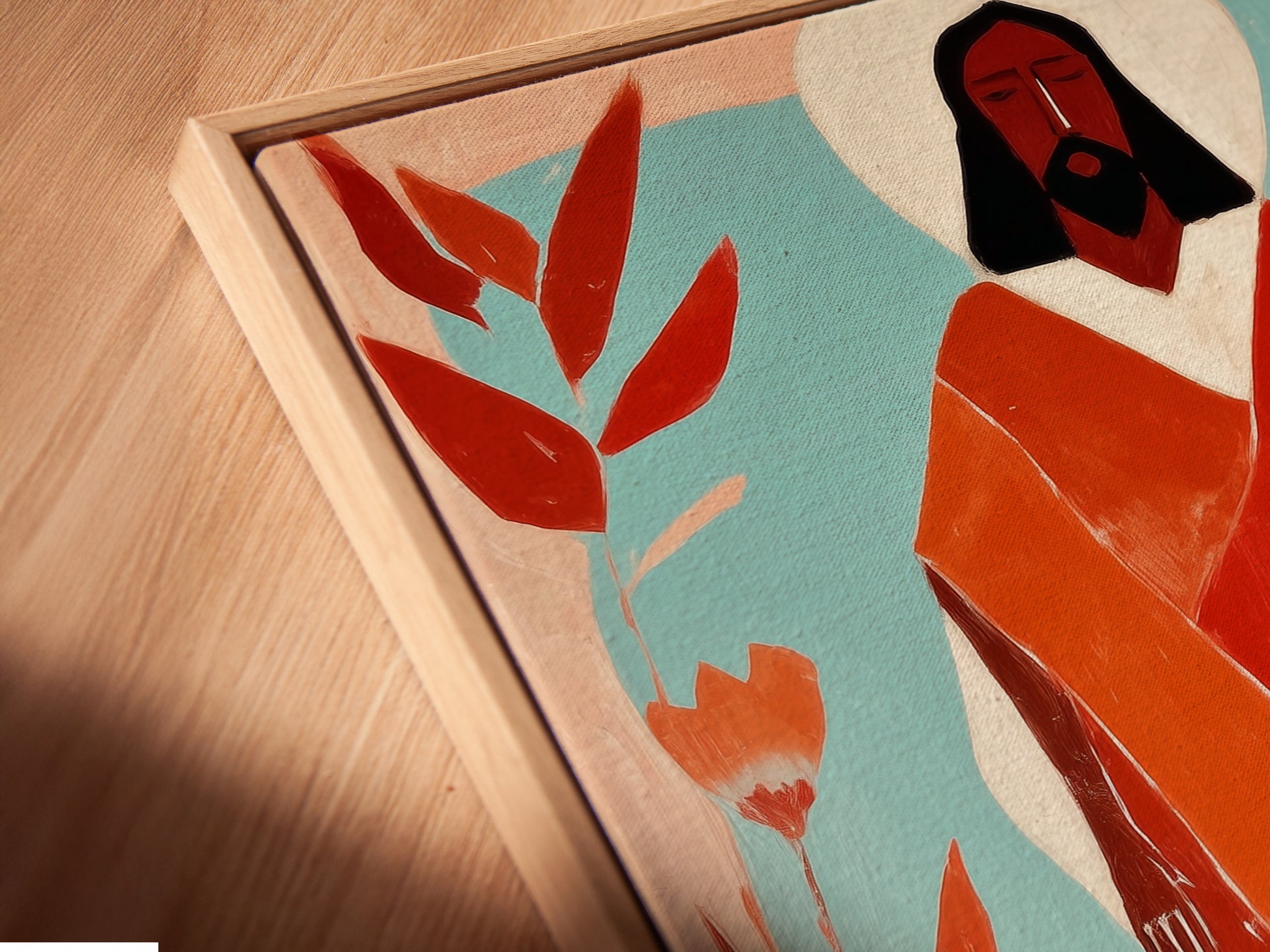 A close-up angled shot of a canvas print. The canvas is set in a floating frame. The floating frame gives a modern gallery look. It enhances the artwork's presentation. Perfect for showcasing art.