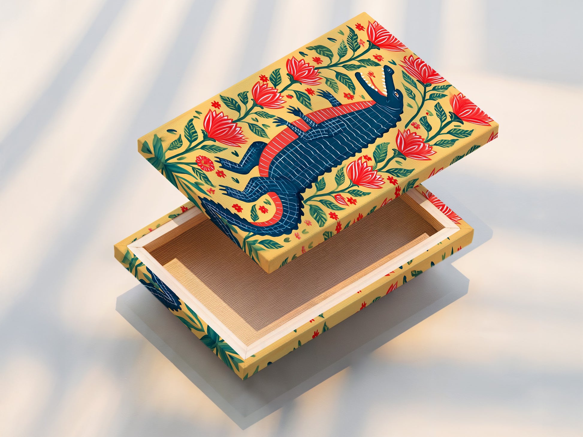 A stretched canvas print of an alligator artwork. The print features a standing alligator surrounded by red flowers and green leaves. The canvas is stretched perfectly. This is a ready-to-hang piece for your home.