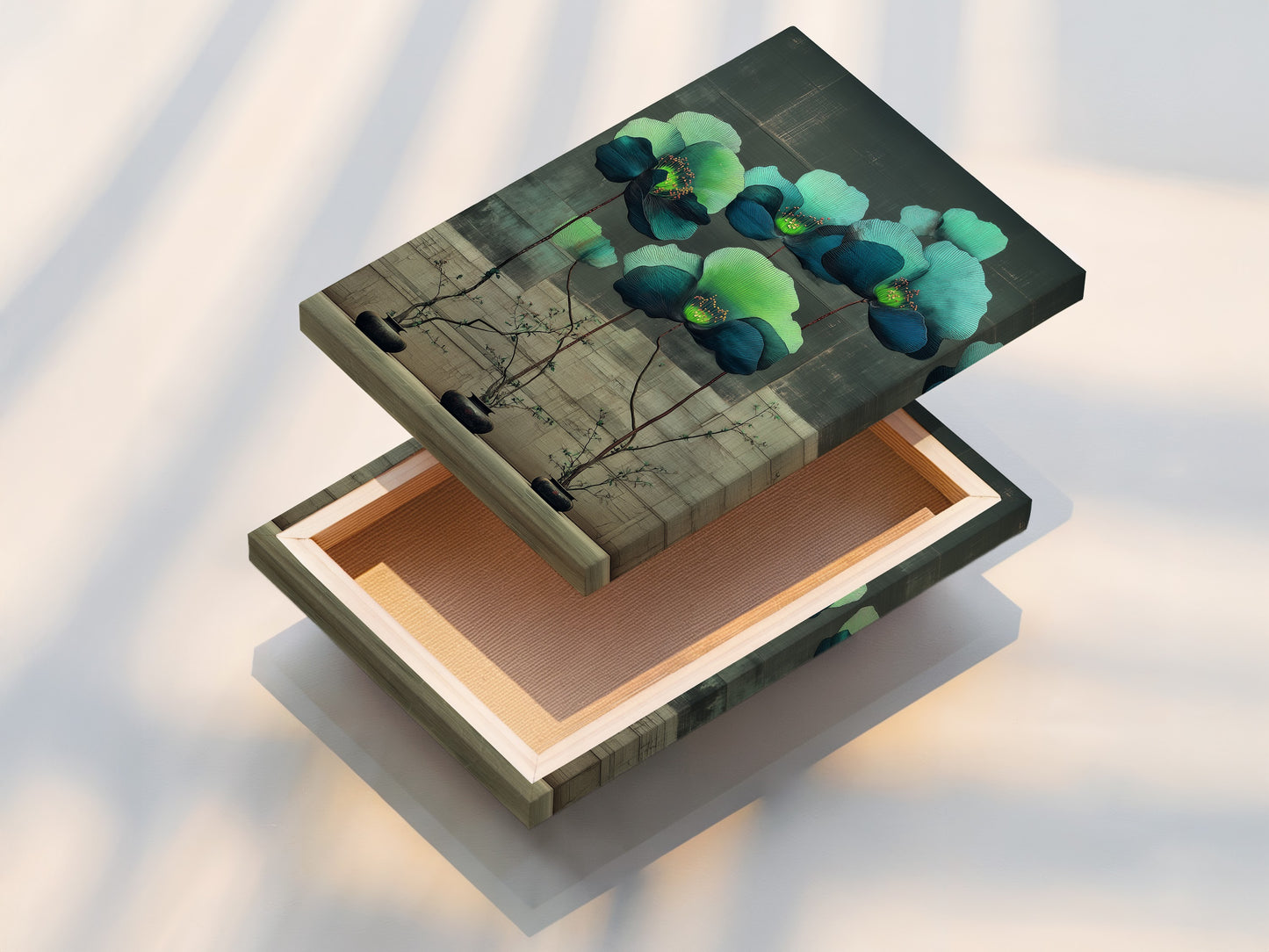 A stretched canvas print showcases a teal and green floral botanical artwork. This stretched canvas option is ready to hang and enjoy. It provides a gallery-wrapped look enhancing the modern fine art.